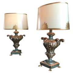 Pair Table Lamps Antique Venetian Carved Wood Urns Gilt Green / Shades & Finial