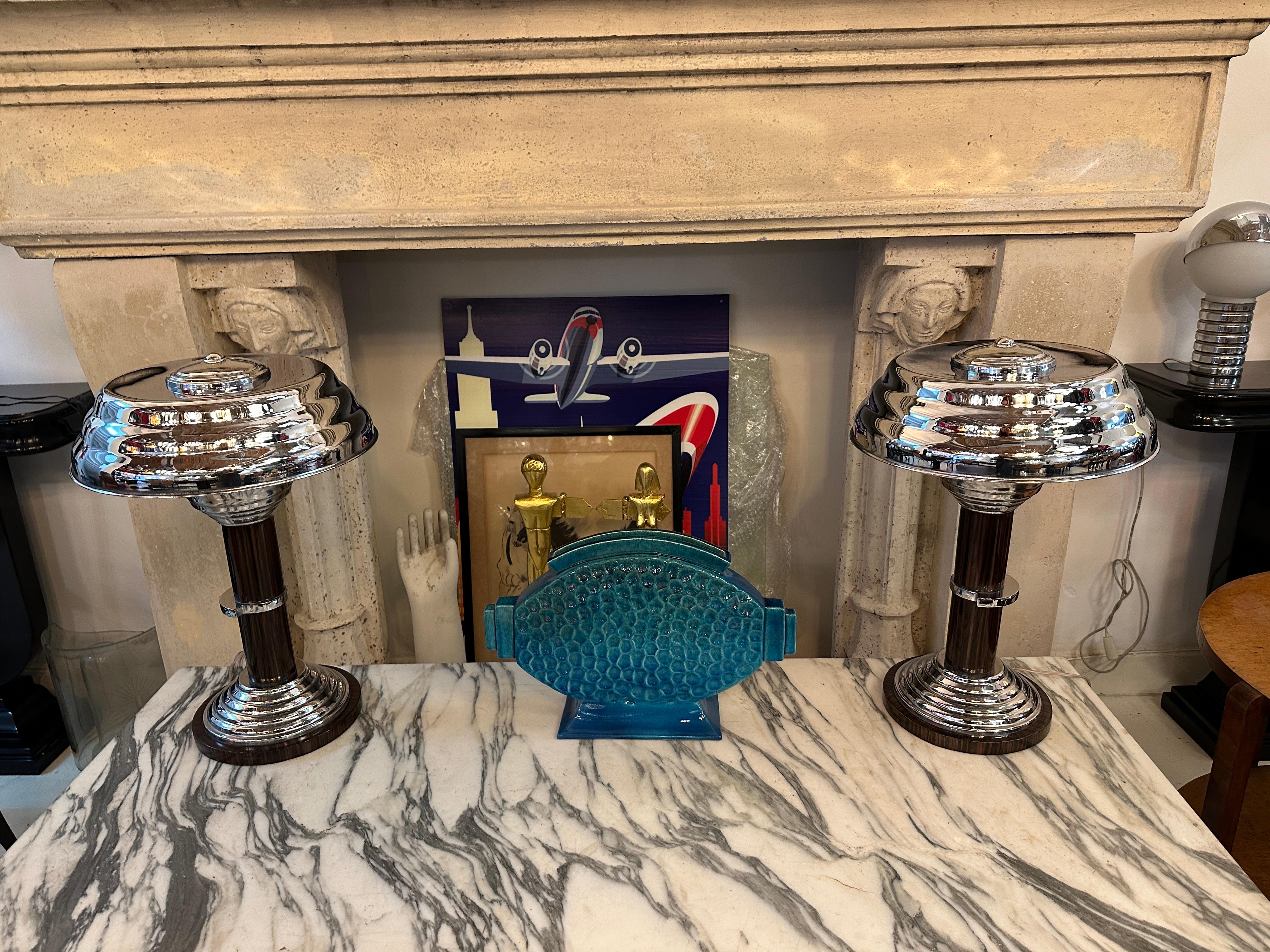Art Déco Coppia di lampade da tavolo in legno e cromo, stile Art Deco , Francia in vendita