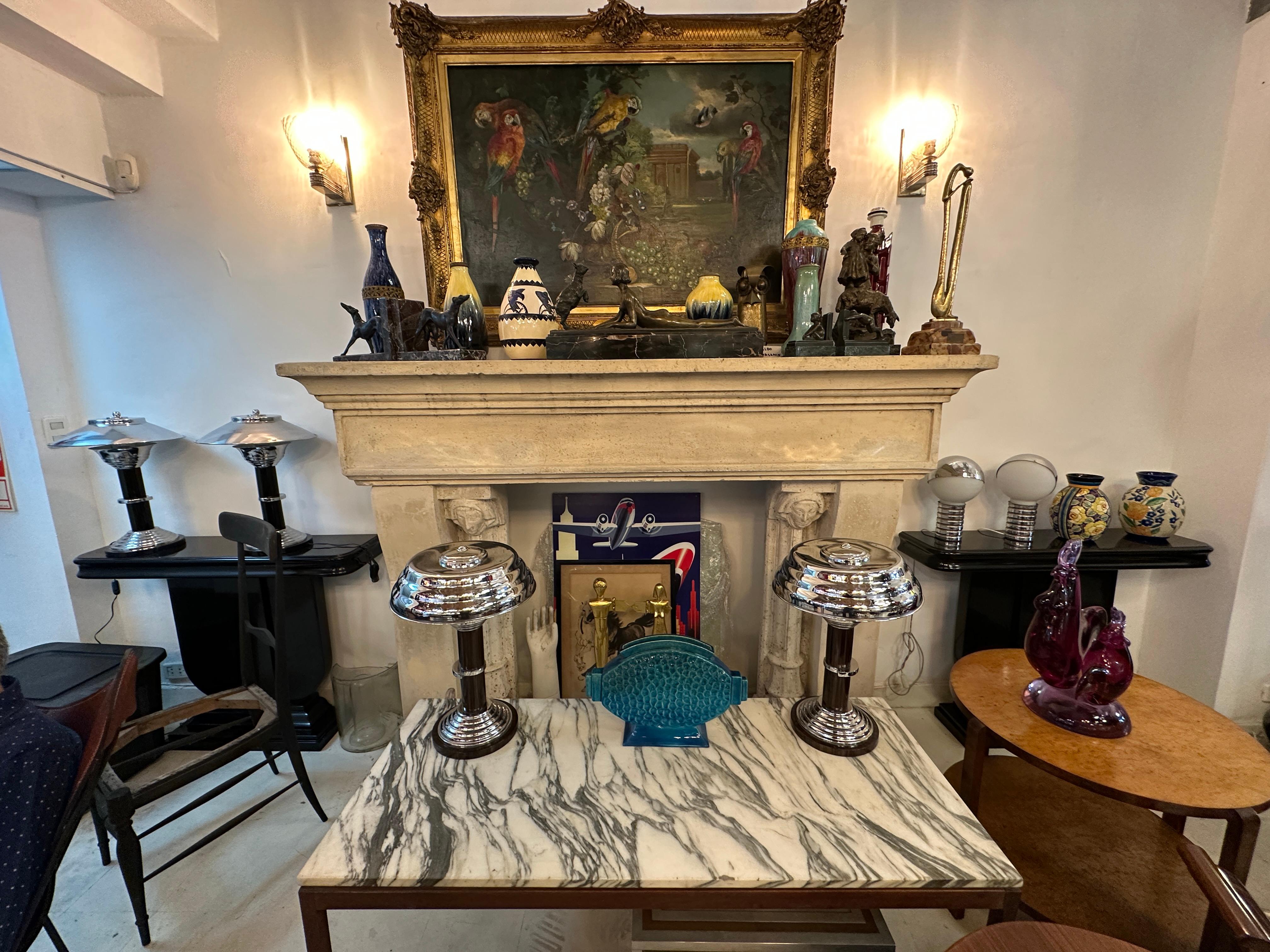 Cromo Coppia di lampade da tavolo in legno e cromo, stile Art Deco , Francia in vendita