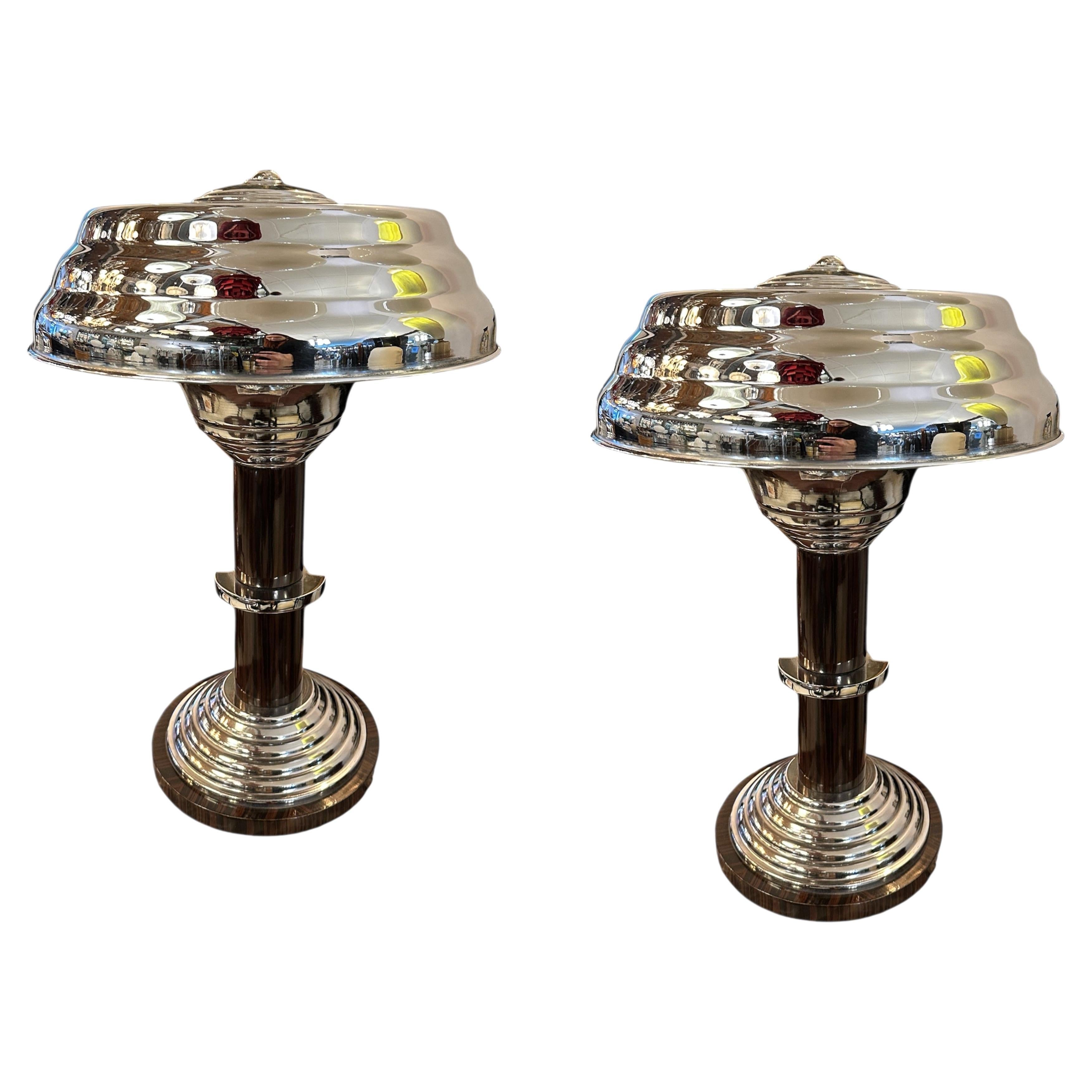 Paire de lampes de table en bois et chrome, style Art déco, France