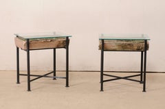 Pair Tables w/Antique French Leaf-Carved Stone Slabs w/ Metal Bases & Glass Tops
