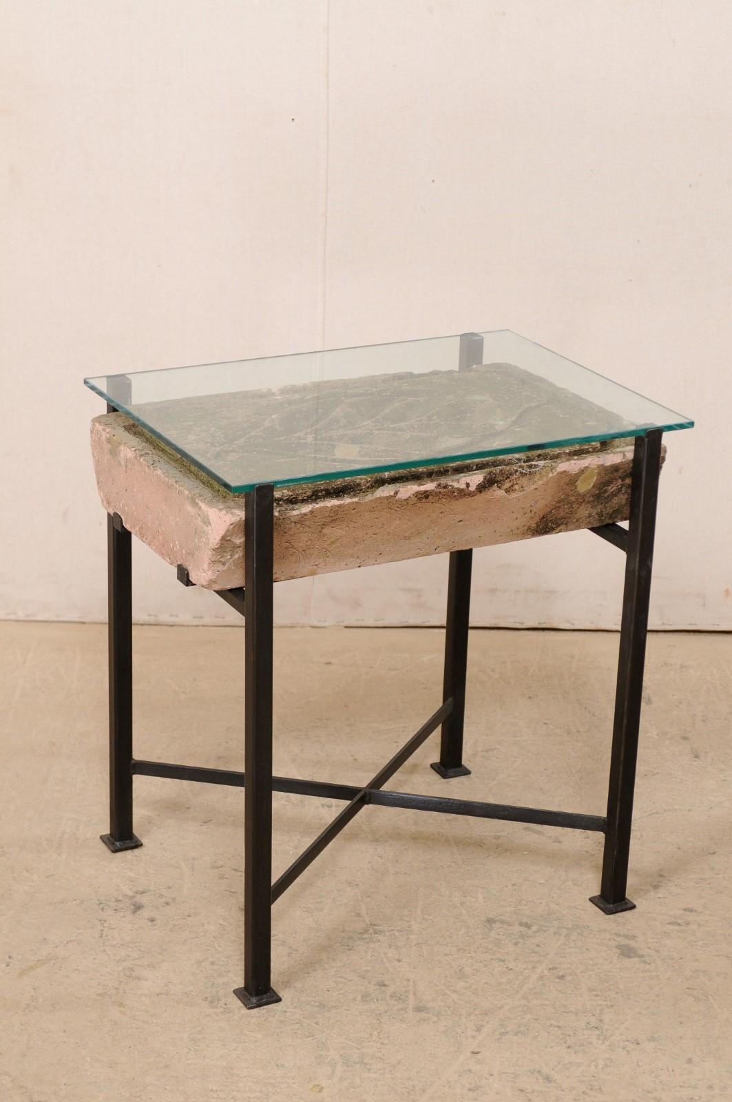 Pair Tables w/Antique French Leaf-Carved Stone Slabs w/ Metal Bases & Glass Tops In Good Condition In Atlanta, GA