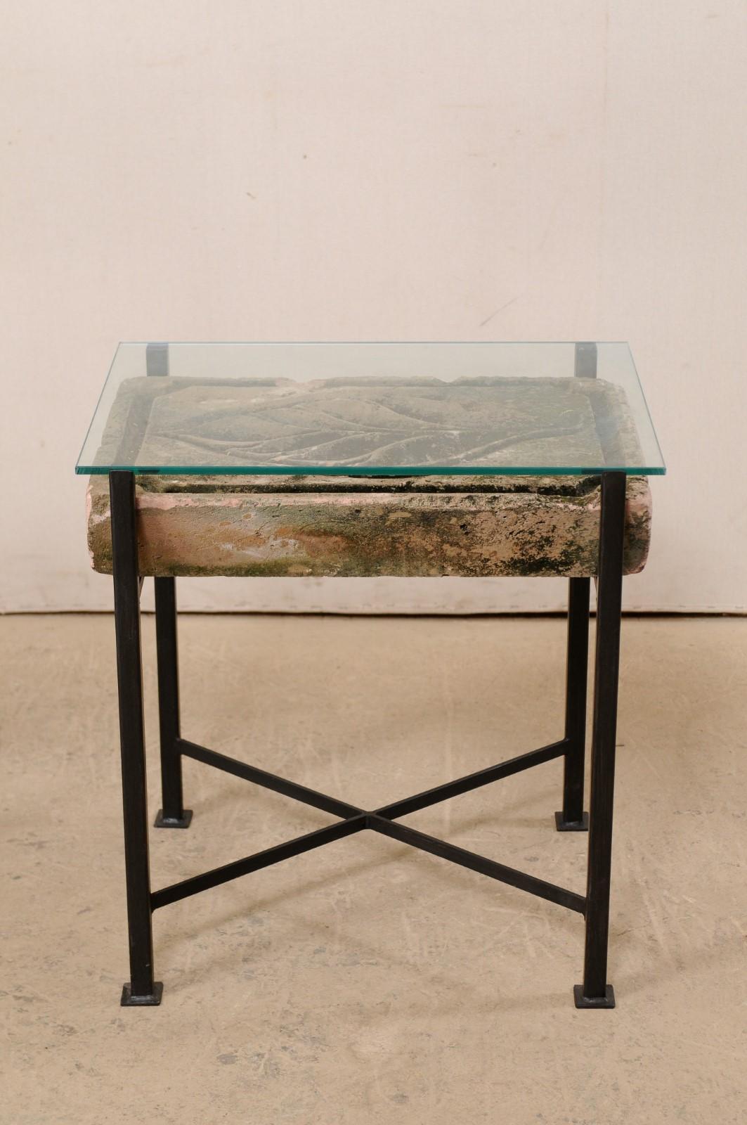 20th Century Pair Tables w/Antique French Leaf-Carved Stone Slabs w/ Metal Bases & Glass Tops