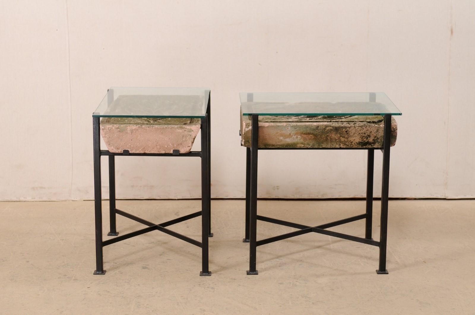 Iron Pair Tables w/Antique French Leaf-Carved Stone Slabs w/ Metal Bases & Glass Tops