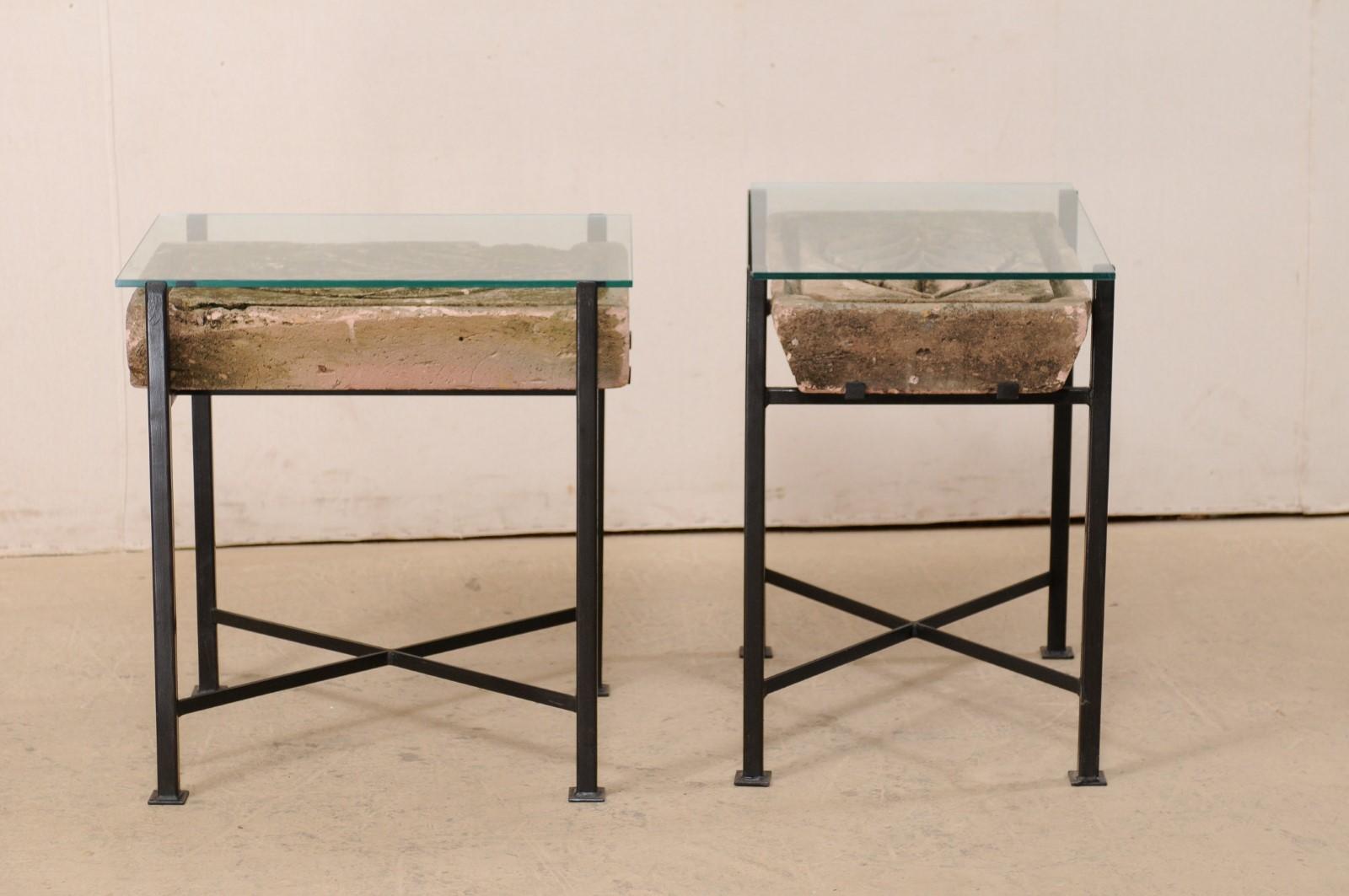 Pair Tables w/Antique French Leaf-Carved Stone Slabs w/ Metal Bases & Glass Tops 1