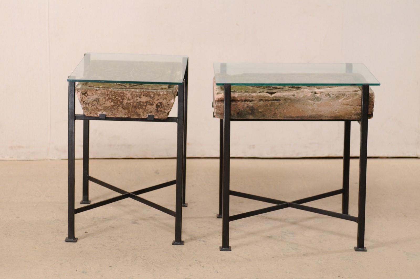 Pair Tables w/Antique French Leaf-Carved Stone Slabs w/ Metal Bases & Glass Tops 2
