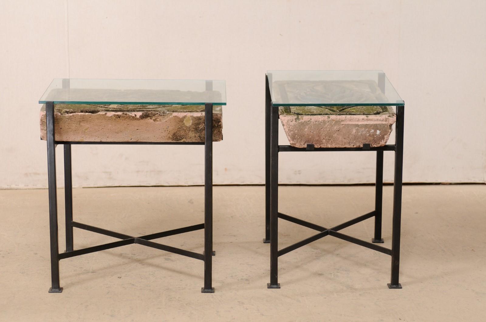 Pair Tables w/Antique French Leaf-Carved Stone Slabs w/ Metal Bases & Glass Tops 3