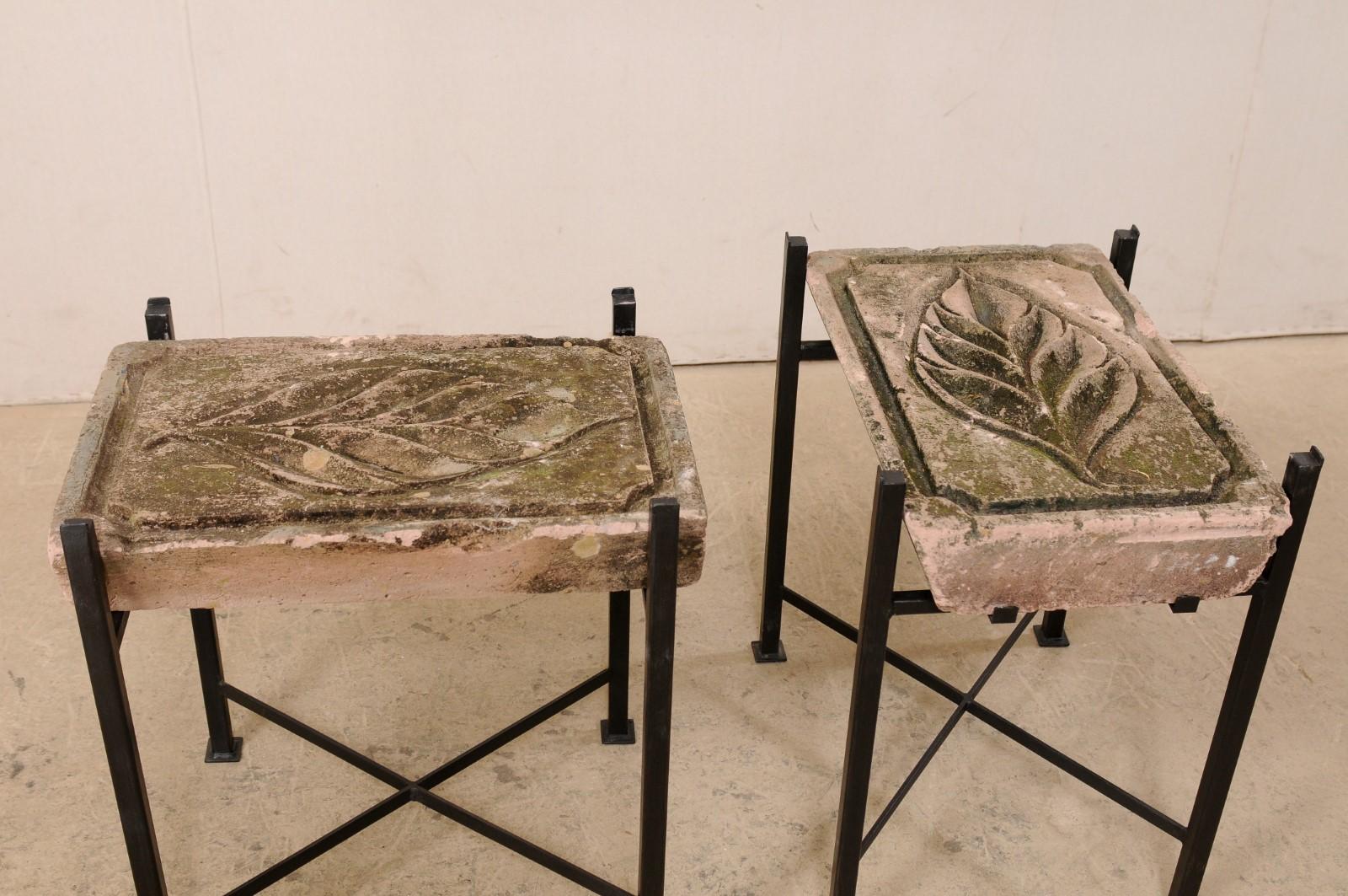 Pair Tables w/Antique French Leaf-Carved Stone Slabs w/ Metal Bases & Glass Tops 4