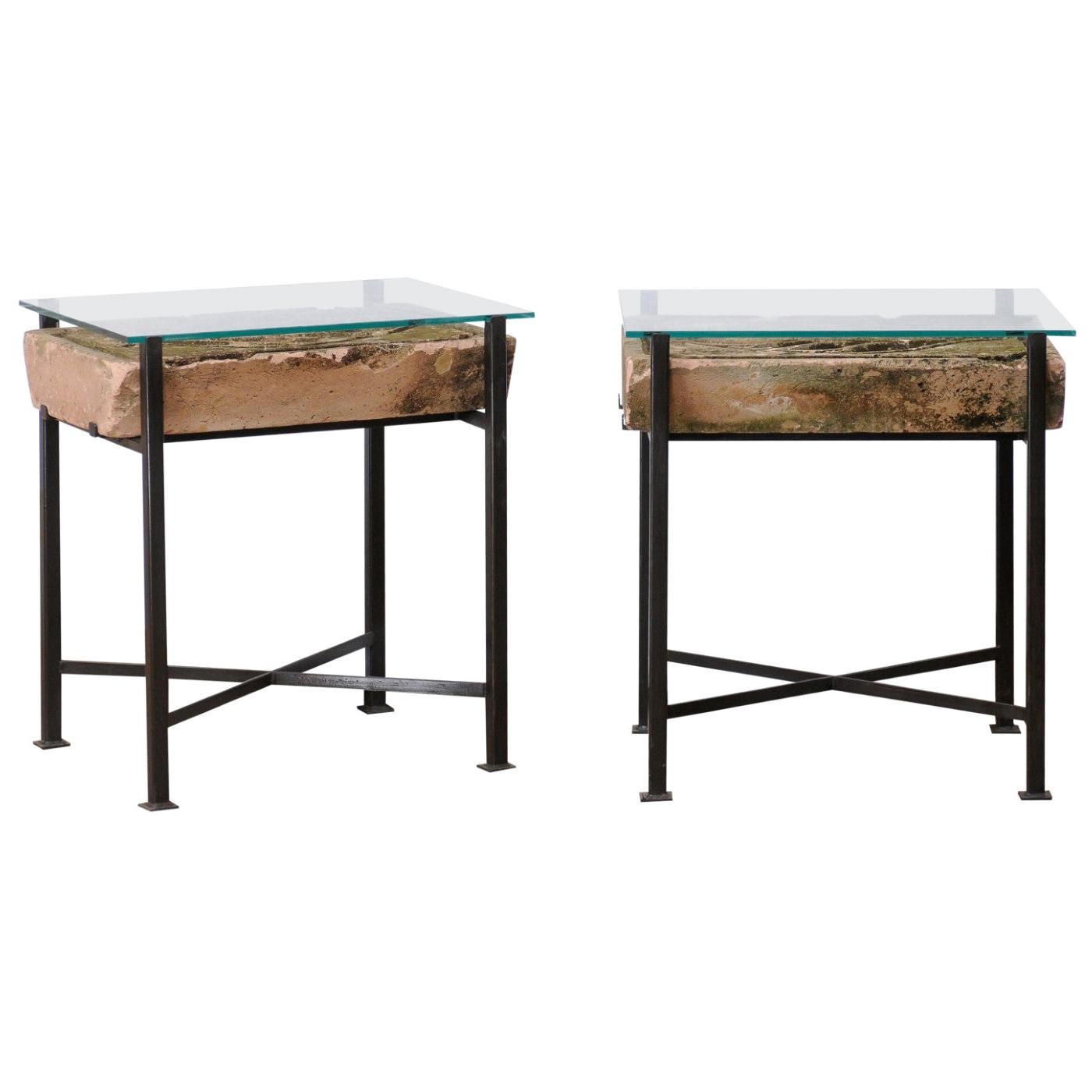 Pair Tables w/Antique French Leaf-Carved Stone Slabs w/ Metal Bases & Glass Tops