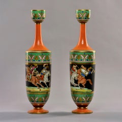 Pair Tall 19th C Porcelain Neoclassical Vases with Soldiers on Horseback