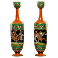 Pair Tall 19th C Porcelain Neoclassical Vases with Soldiers on Horseback