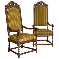 Pair, Tall Antique Baroque Carved Armchairs from Denmark