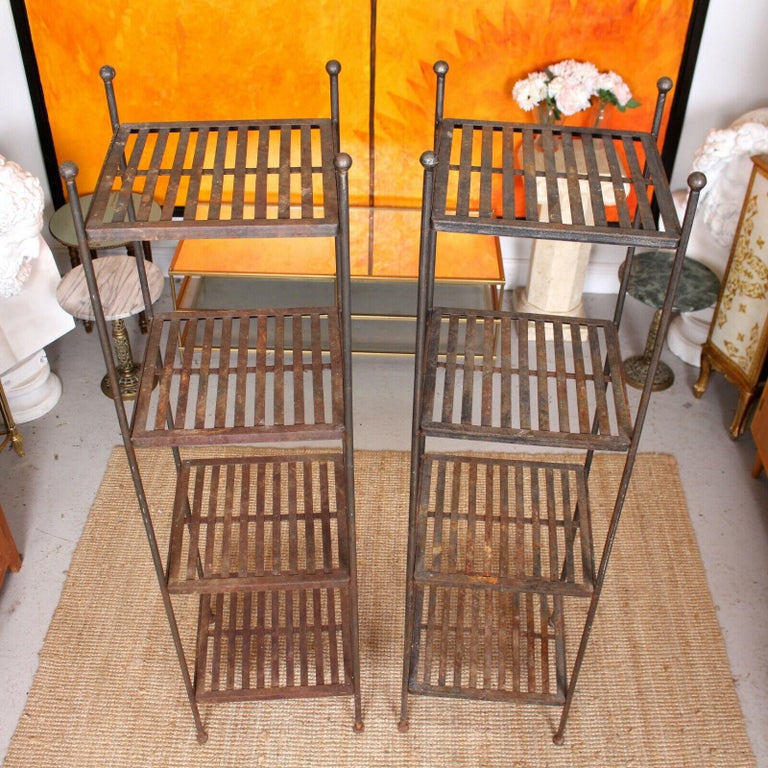 Pair of Tall Antique French Wrought Iron Étagère What Not Shelving
