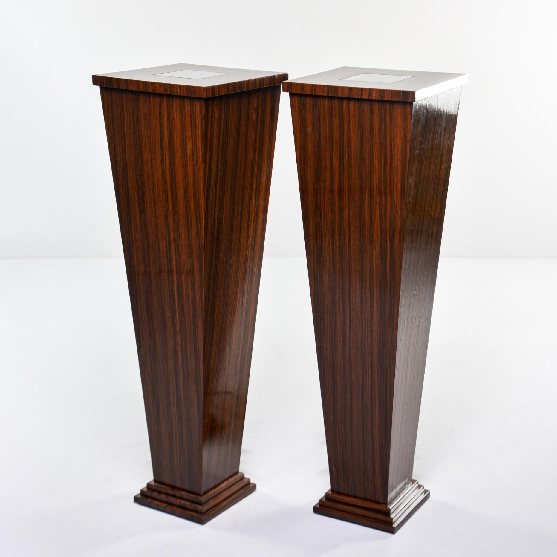 Veneer Pair of Tall Bespoke Walnut Display Stands with Interior under Light
