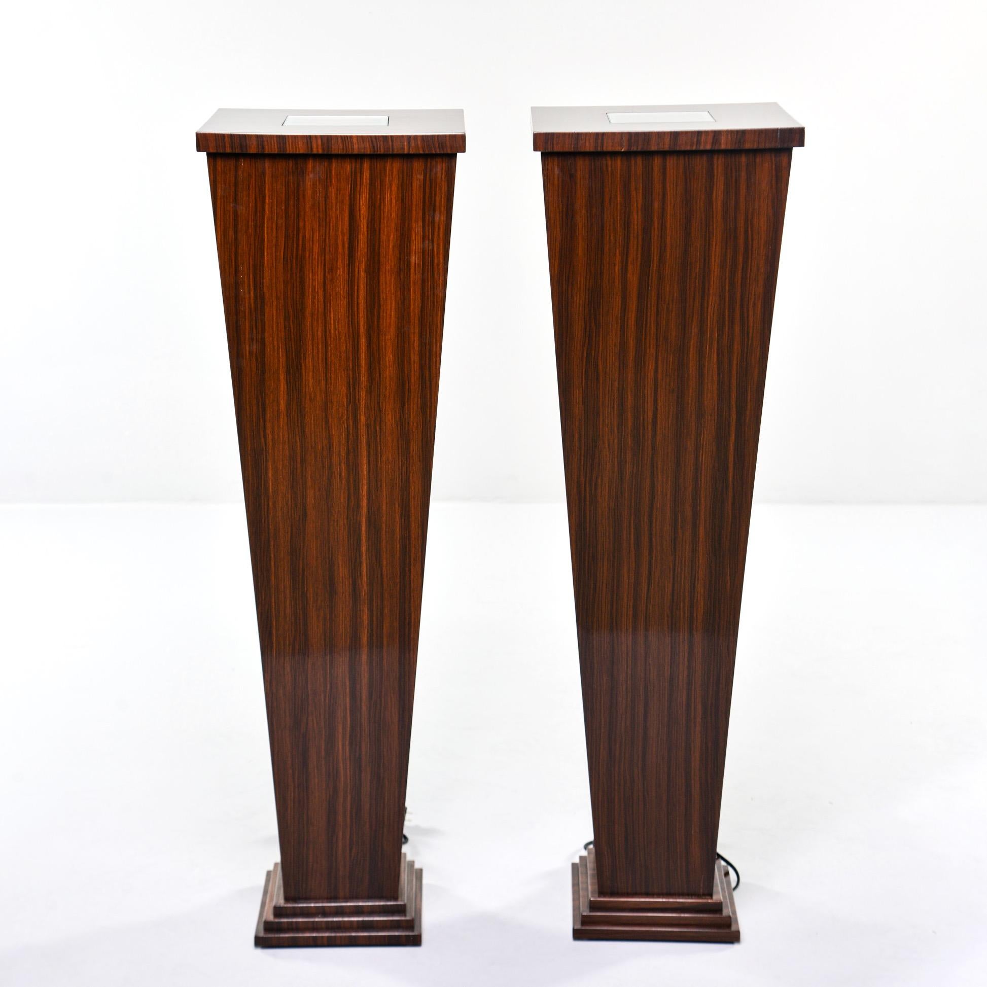 Pair of Tall Bespoke Walnut Display Stands with Interior under Light In Excellent Condition In Troy, MI