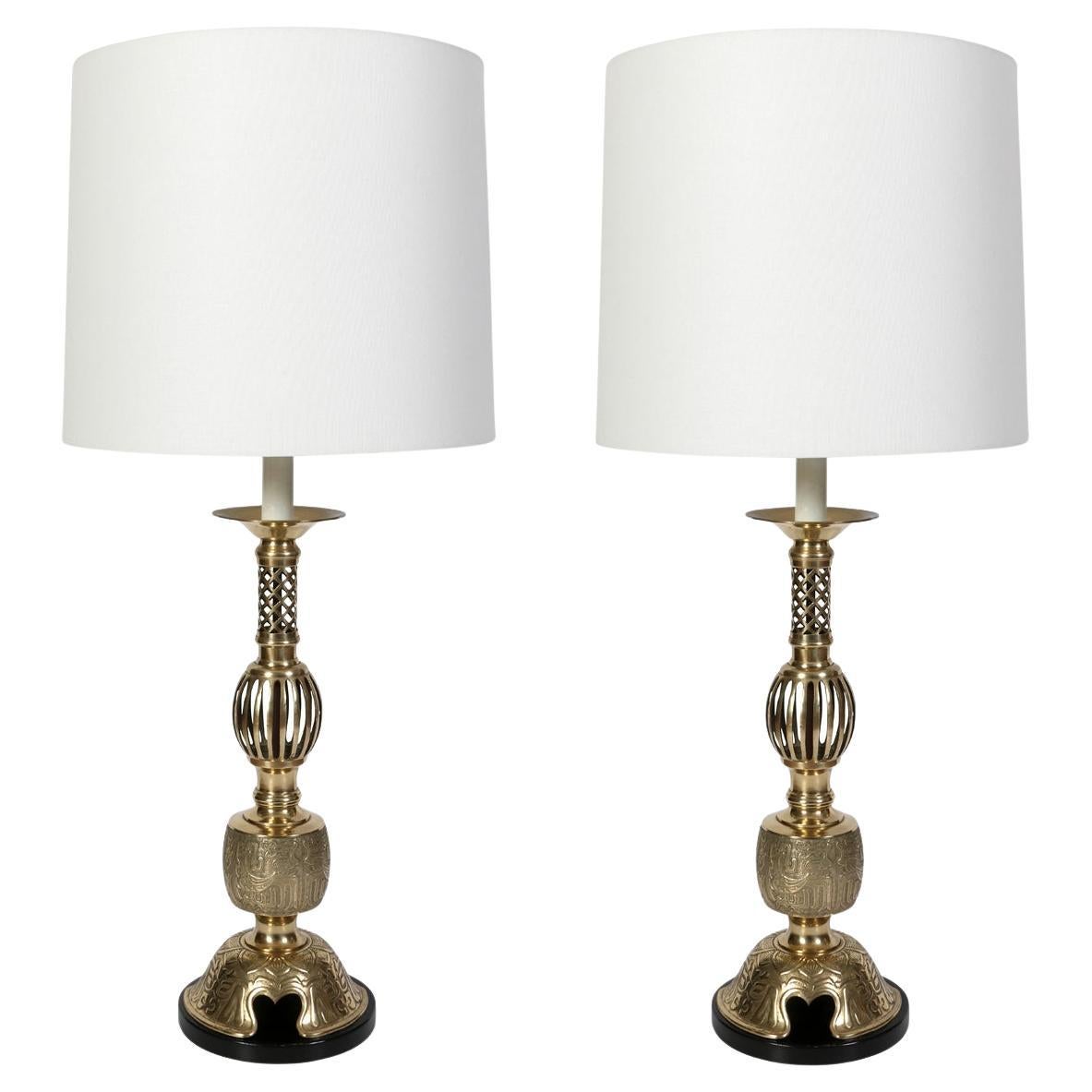 Pair Tall Brass Asian Style Lamps