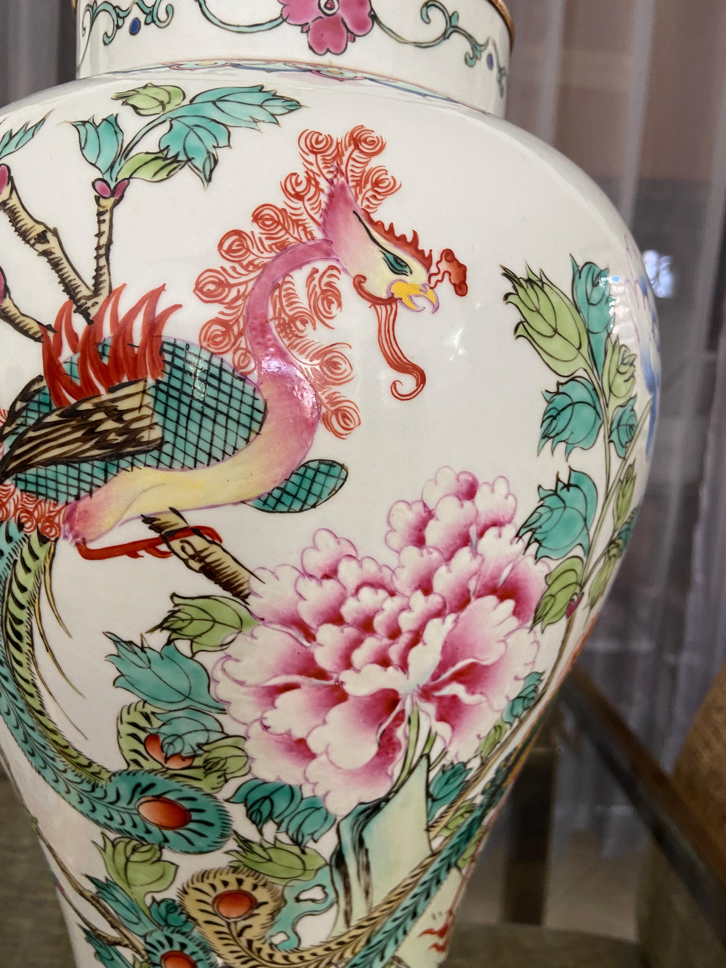 Pair of Tall Chinese Asian Famille Rose Peacock Porcelain Table Lamps 2