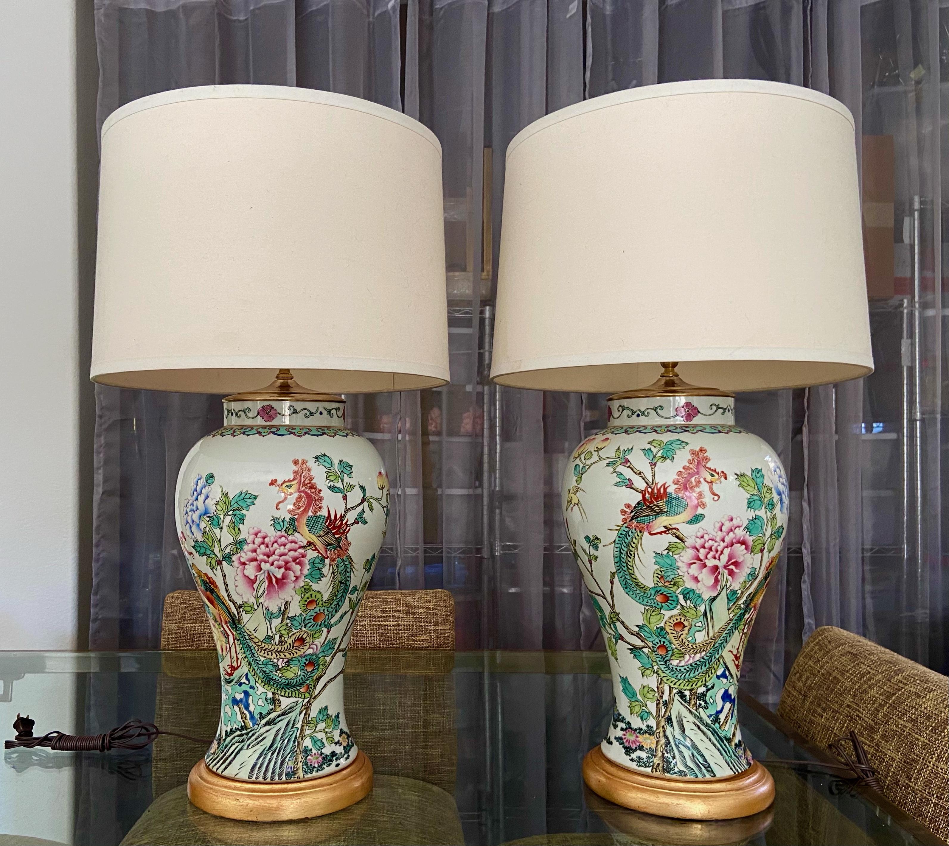 Pair of Tall Chinese Asian Famille Rose Peacock Porcelain Table Lamps 8