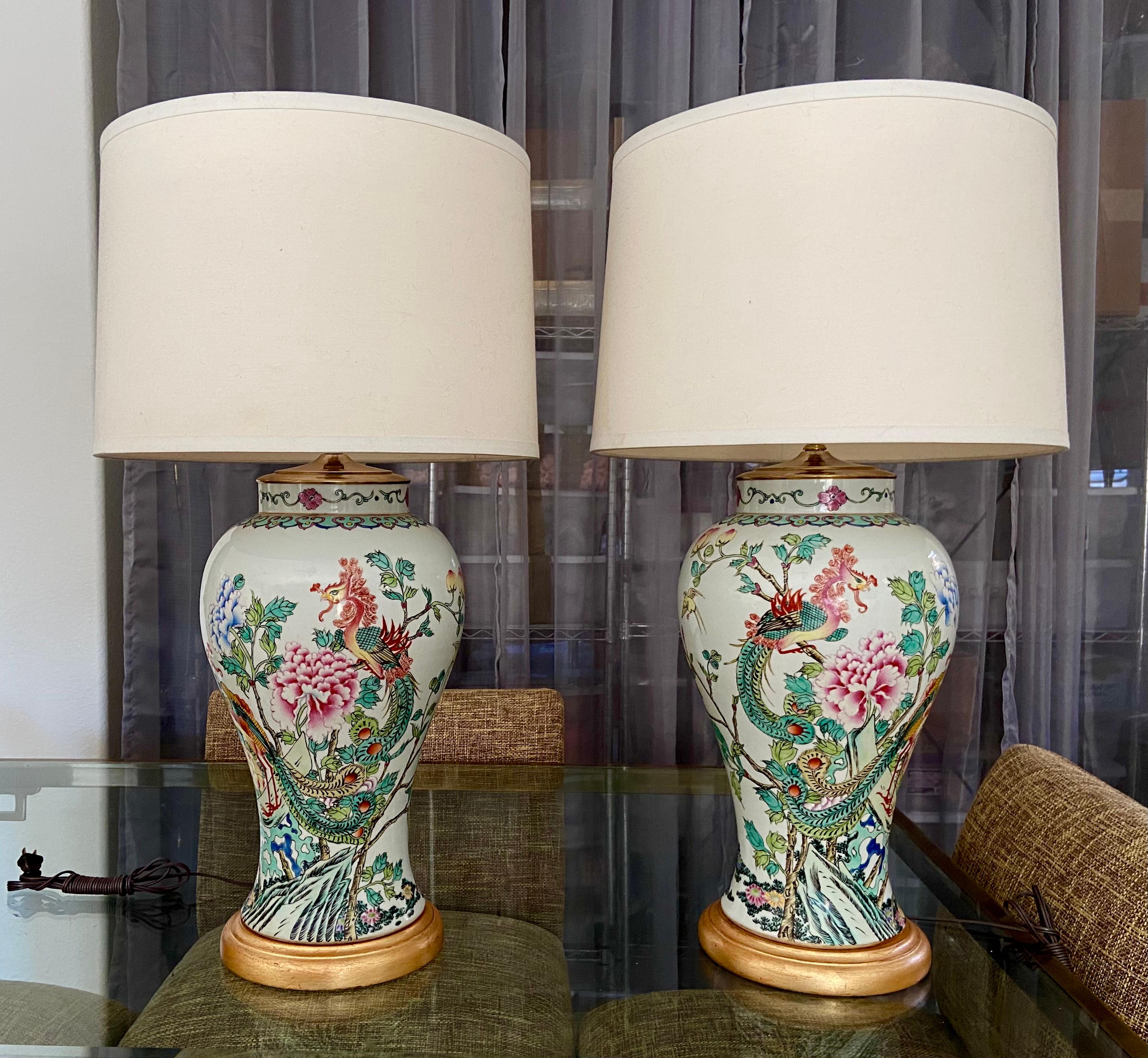 Pair of Tall Chinese Asian Famille Rose Peacock Porcelain Table Lamps 9
