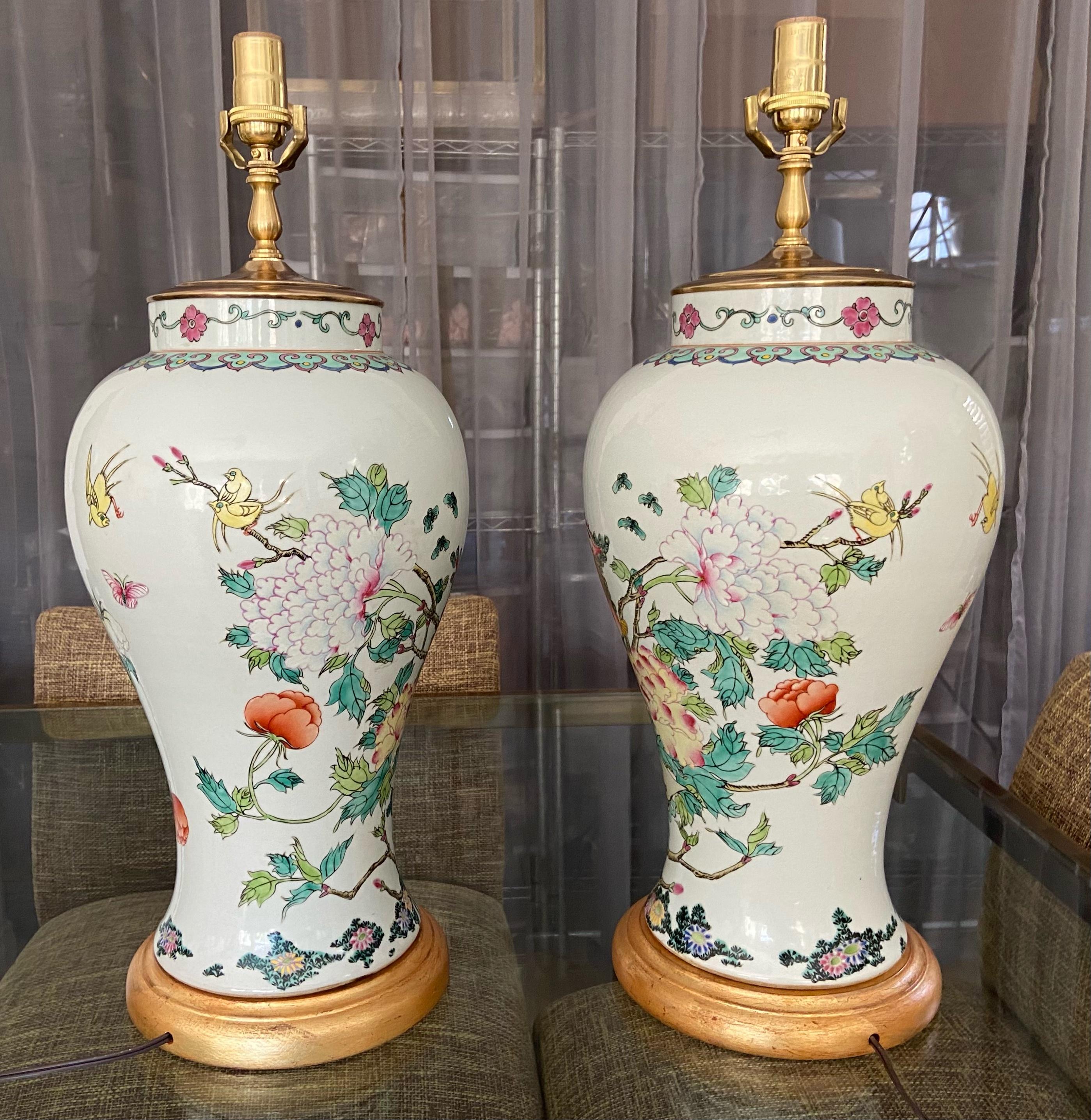 Mid-20th Century Pair of Tall Chinese Asian Famille Rose Peacock Porcelain Table Lamps