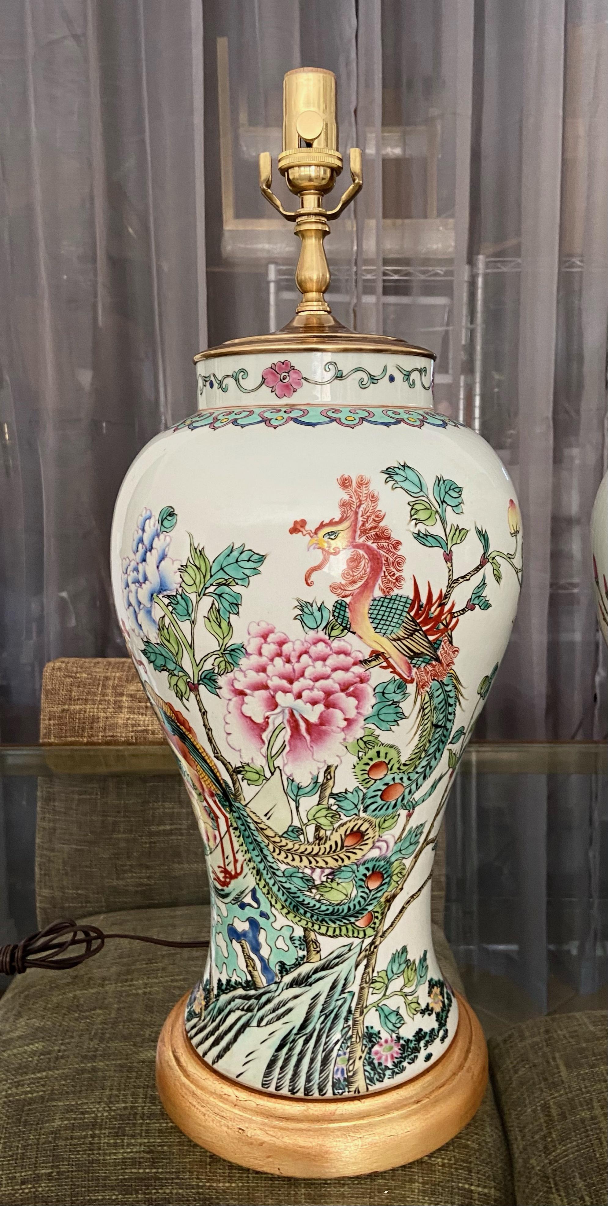 Brass Pair of Tall Chinese Asian Famille Rose Peacock Porcelain Table Lamps