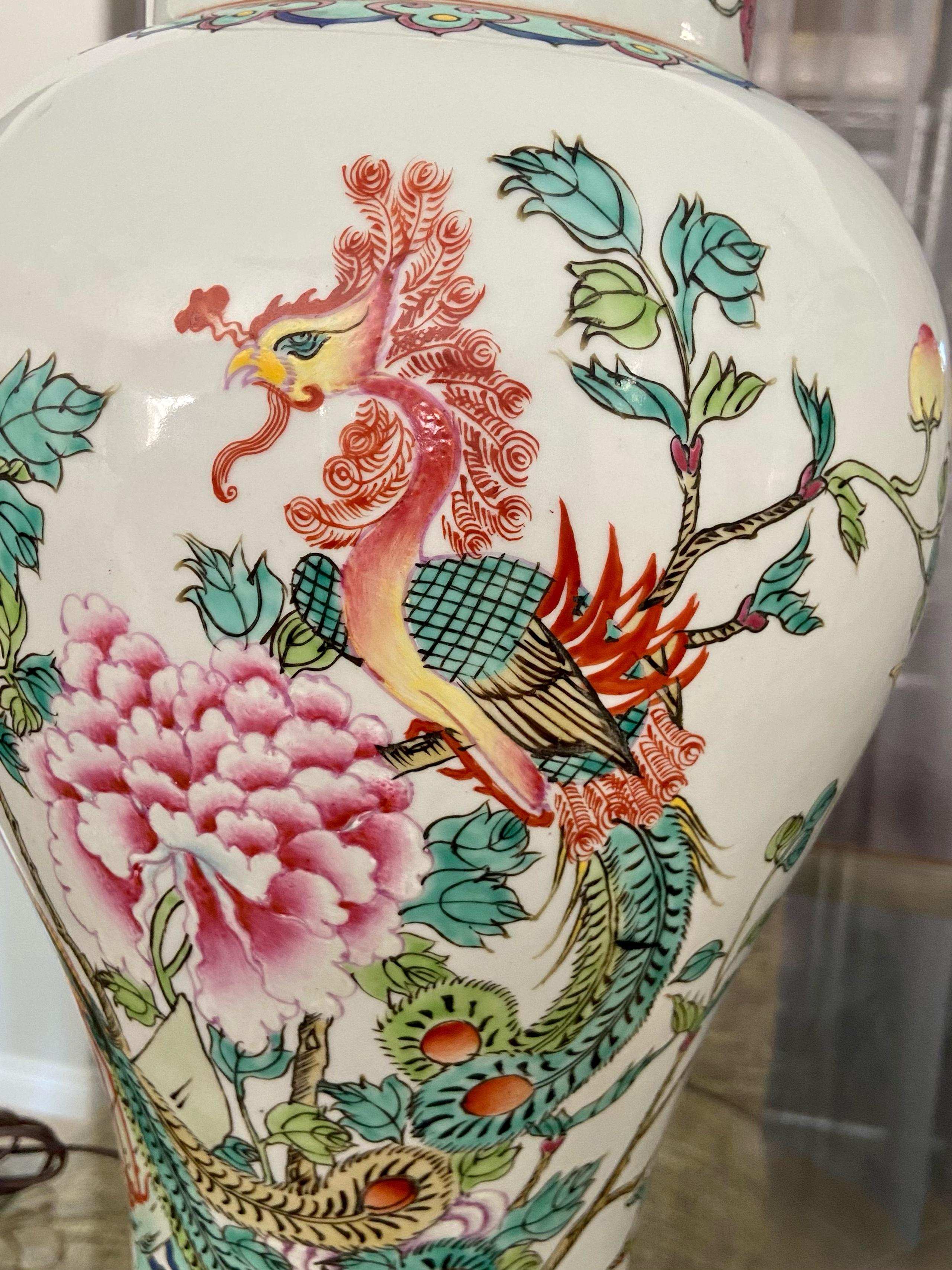 Pair of Tall Chinese Asian Famille Rose Peacock Porcelain Table Lamps 1