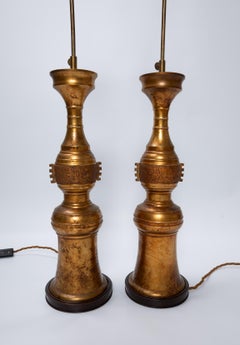 Pair Tall Chinoiserie Gilt Bronze Altar Lamps C.1950