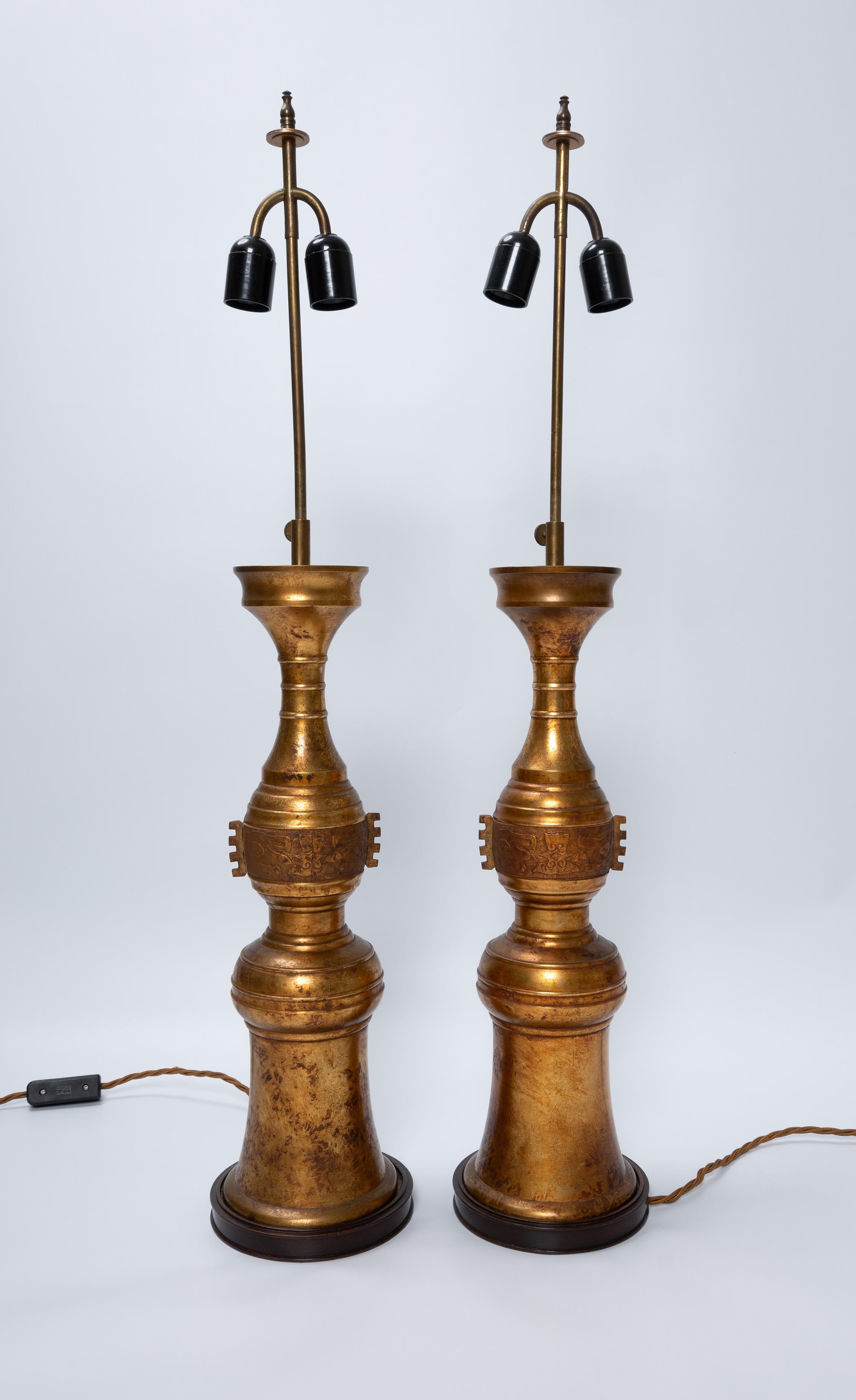 Pair Tall Chinoiserie Gilt Bronze Altar Lamps C.1950 For Sale 3