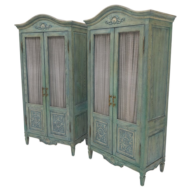 Pair Tall Country French White Wash Armoires Fitted 5 Drawers Storage