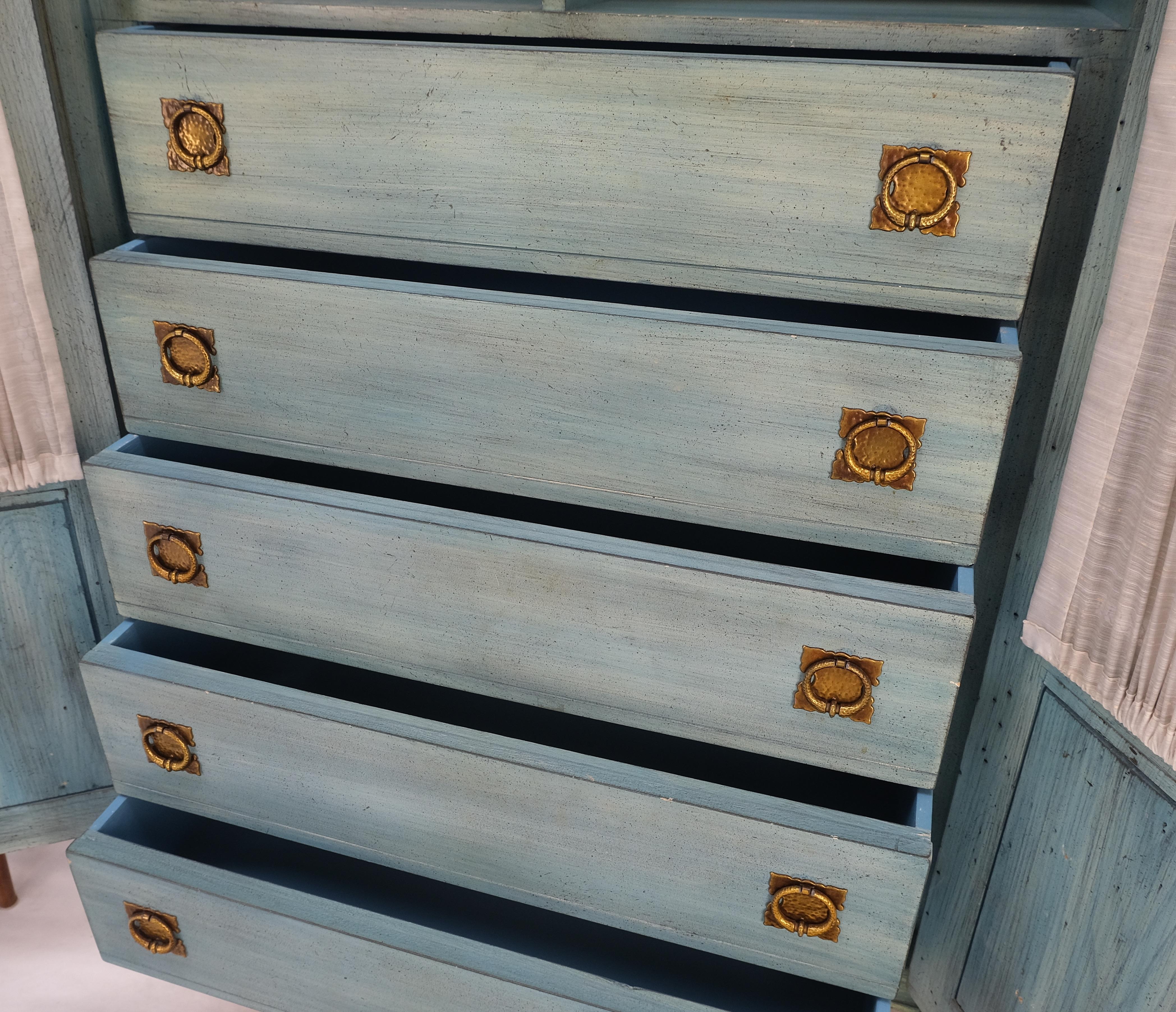 American Pair Tall Country French White Wash Armoires Fitted 5 Drawers Storage Shelves  For Sale