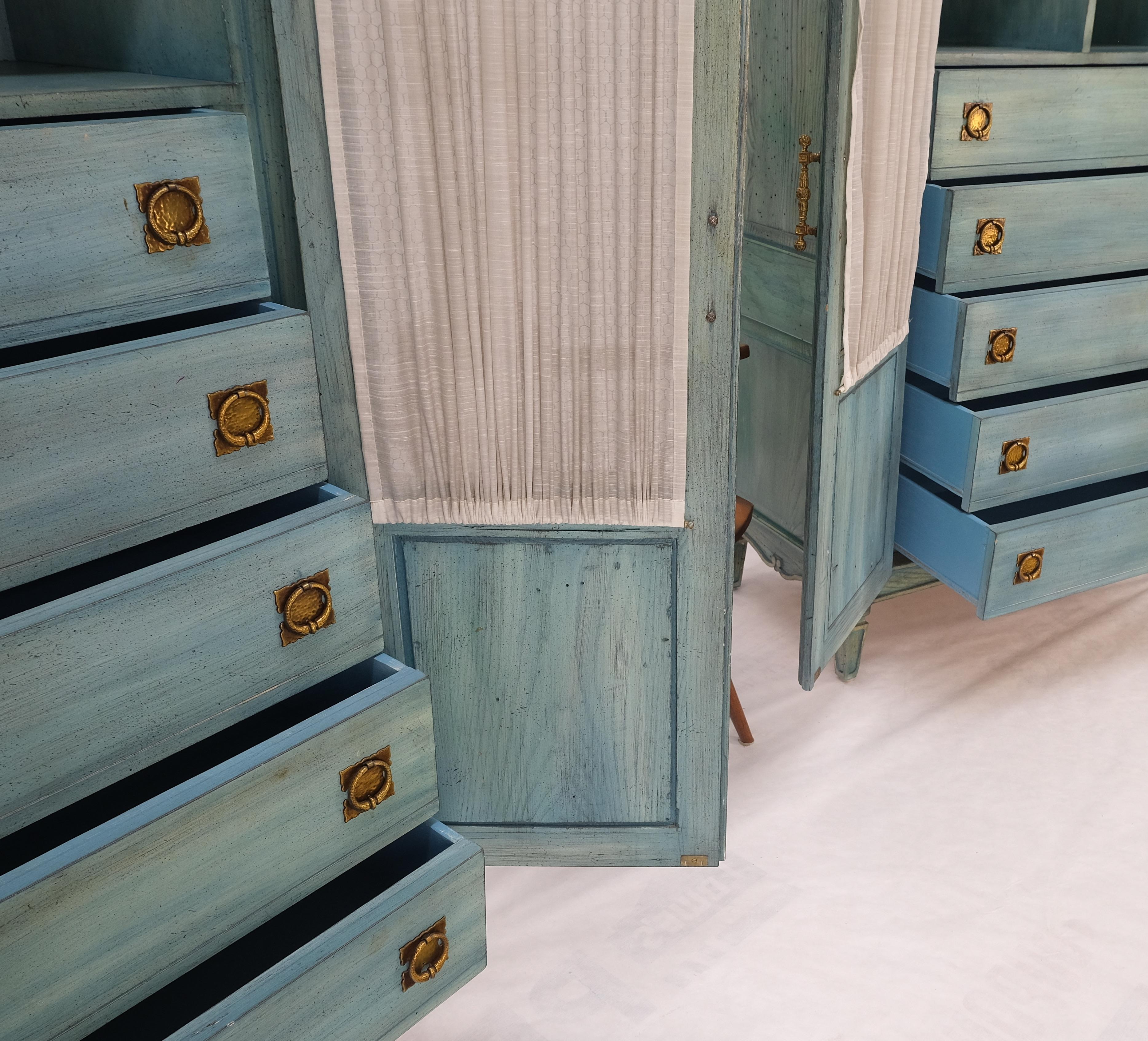 20th Century Pair Tall Country French White Wash Armoires Fitted 5 Drawers Storage Shelves  For Sale
