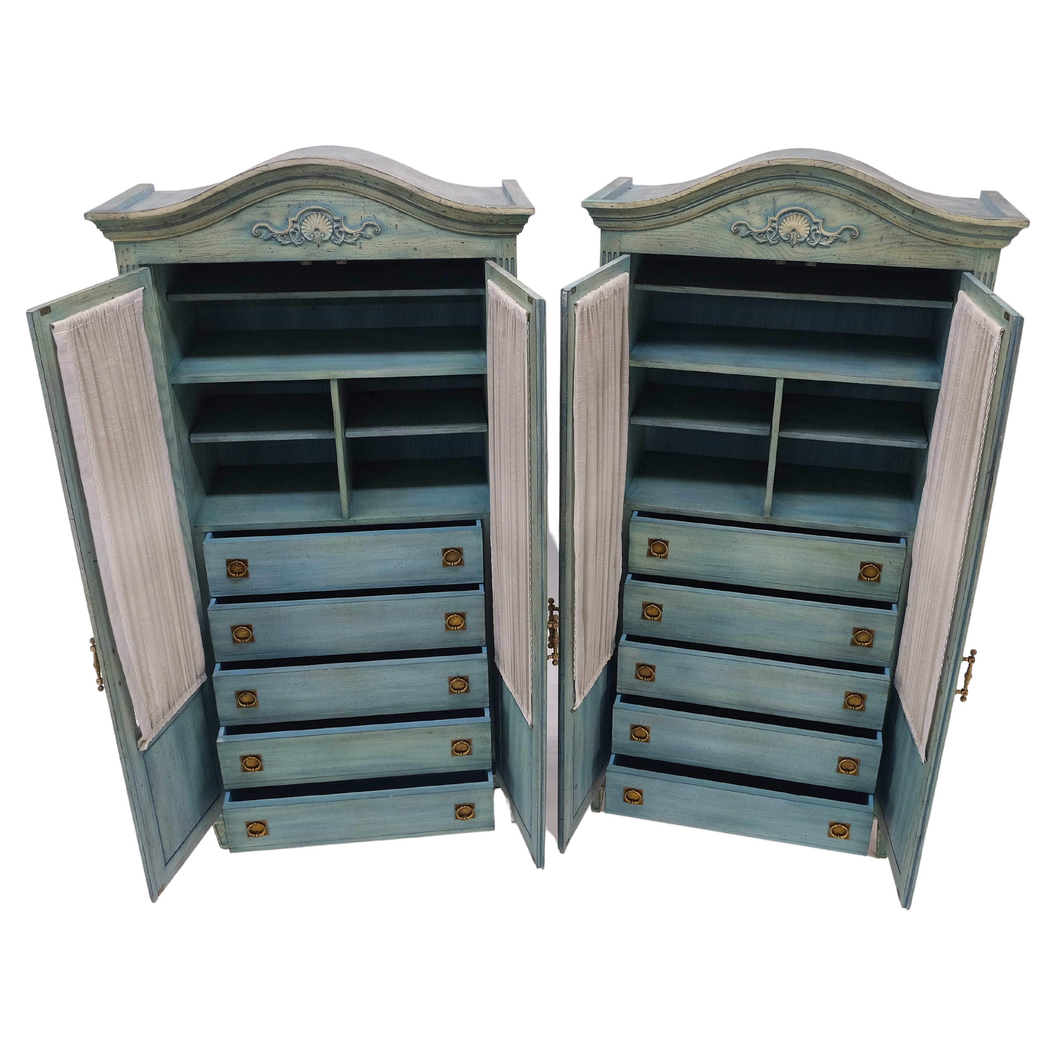Pair Tall Country French White Wash Armoires Fitted 5 Drawers Storage Shelves  For Sale