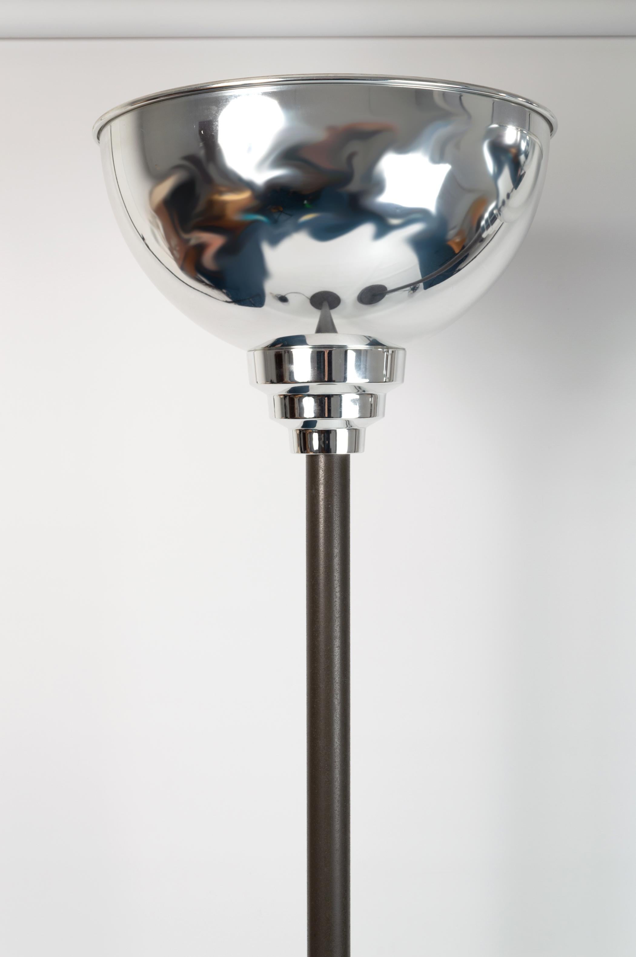 20th Century Pair Tall English Art Deco Chrome Uplighter Floor Lamps For Sale