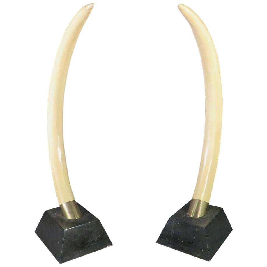 Pair Tall Faux Elephant Tusks Mounted on Bases