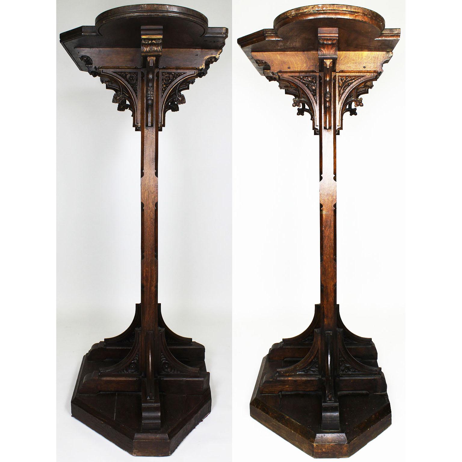 Pair of Tall French 19th Century Gothic Revival Style Carved Oak Church Pedestal For Sale 11