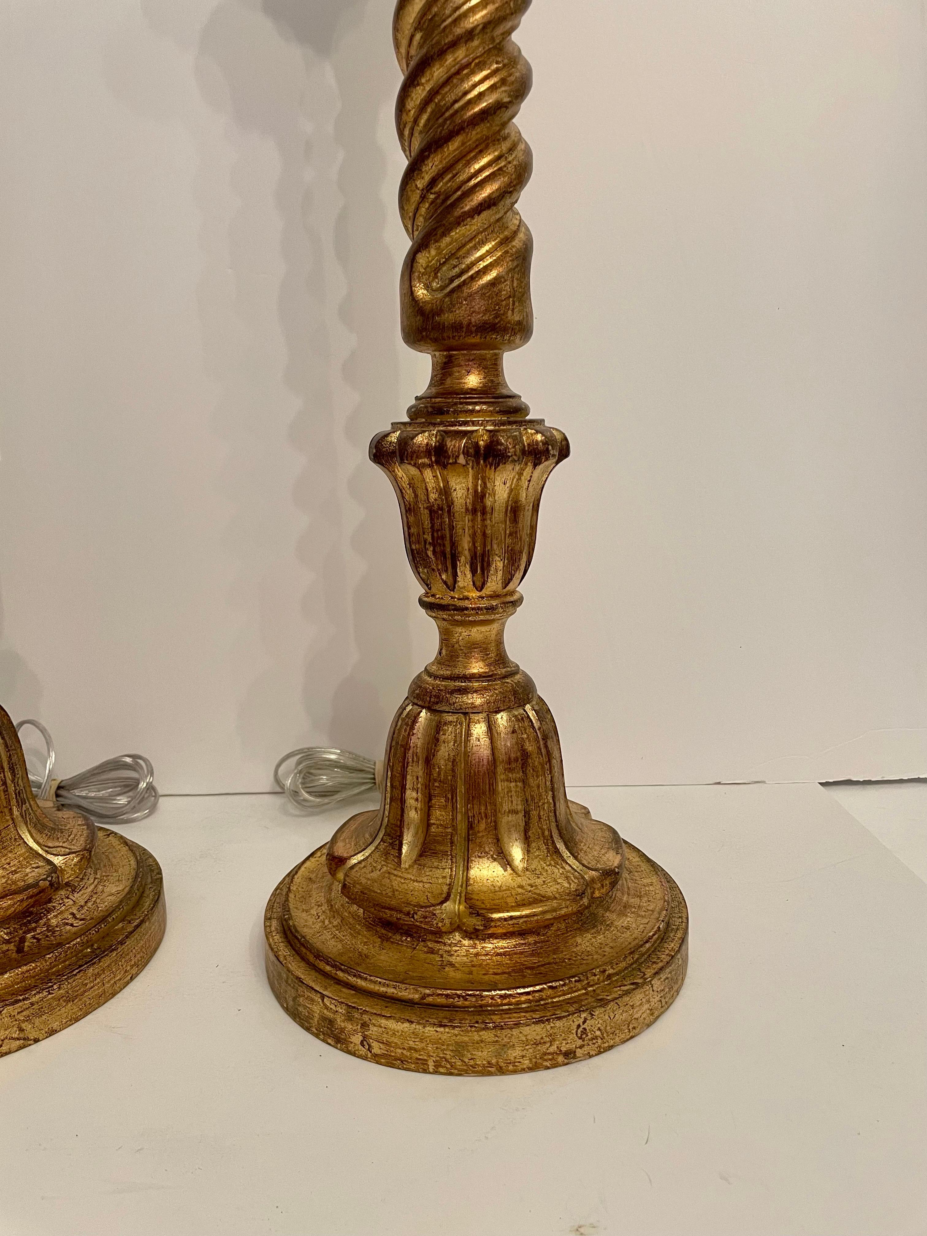 20th Century Pair Tall Italian Giltwood Lamps For Sale