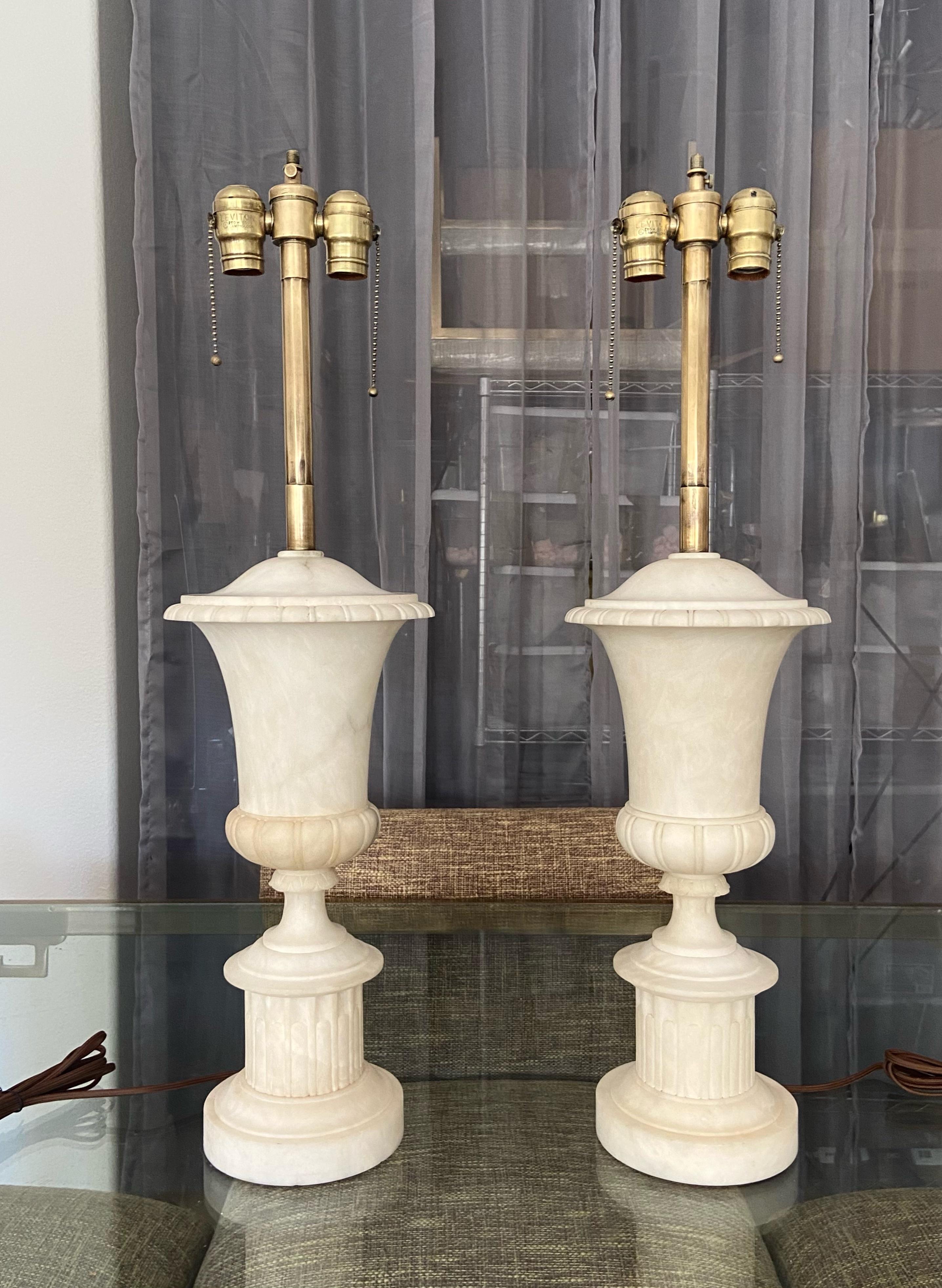 Classical Greek Pair Italian Urn Neoclassic Alabaster Table Lamps