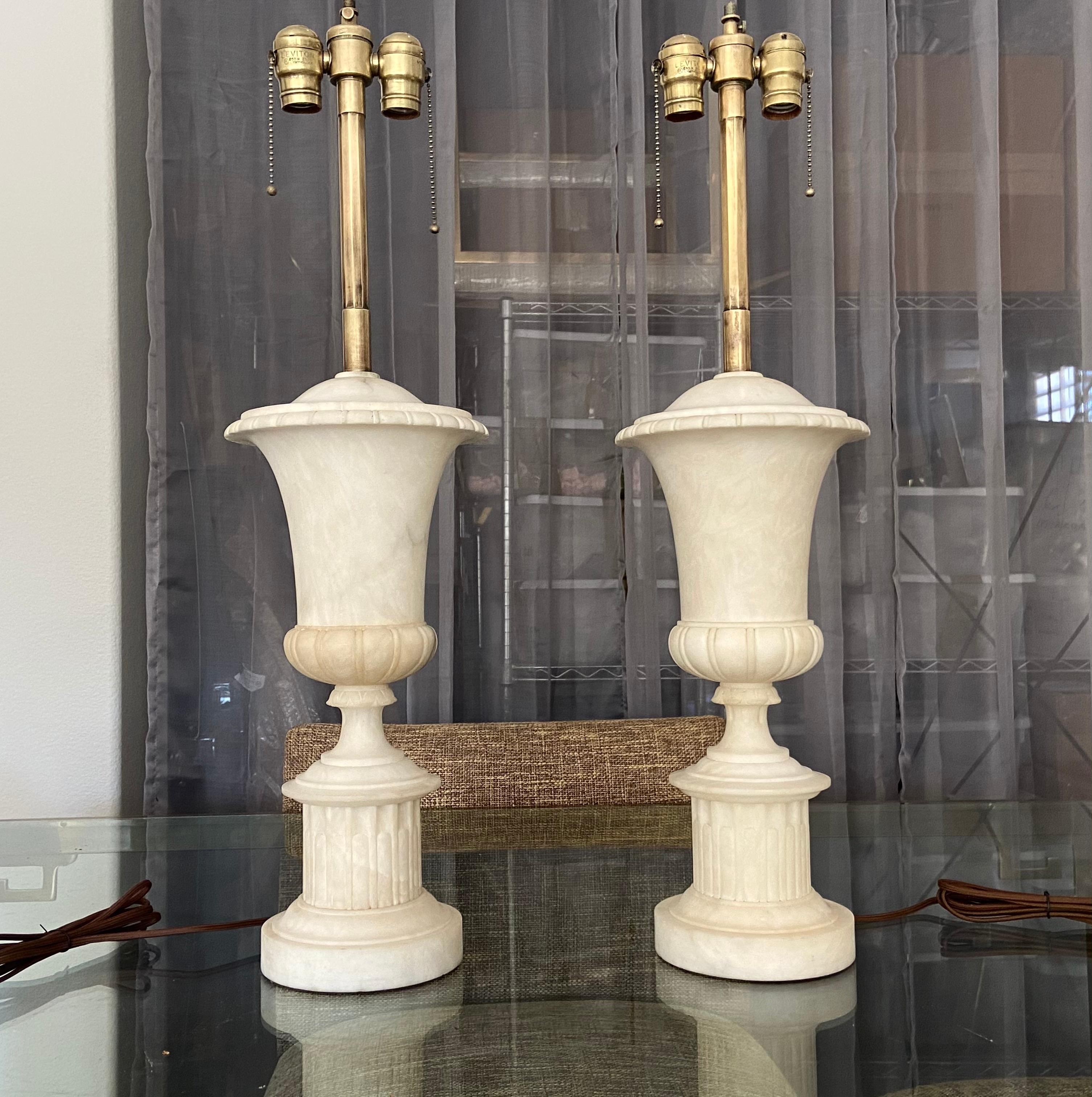 Pair Italian Urn Neoclassic Alabaster Table Lamps In Good Condition In Palm Springs, CA