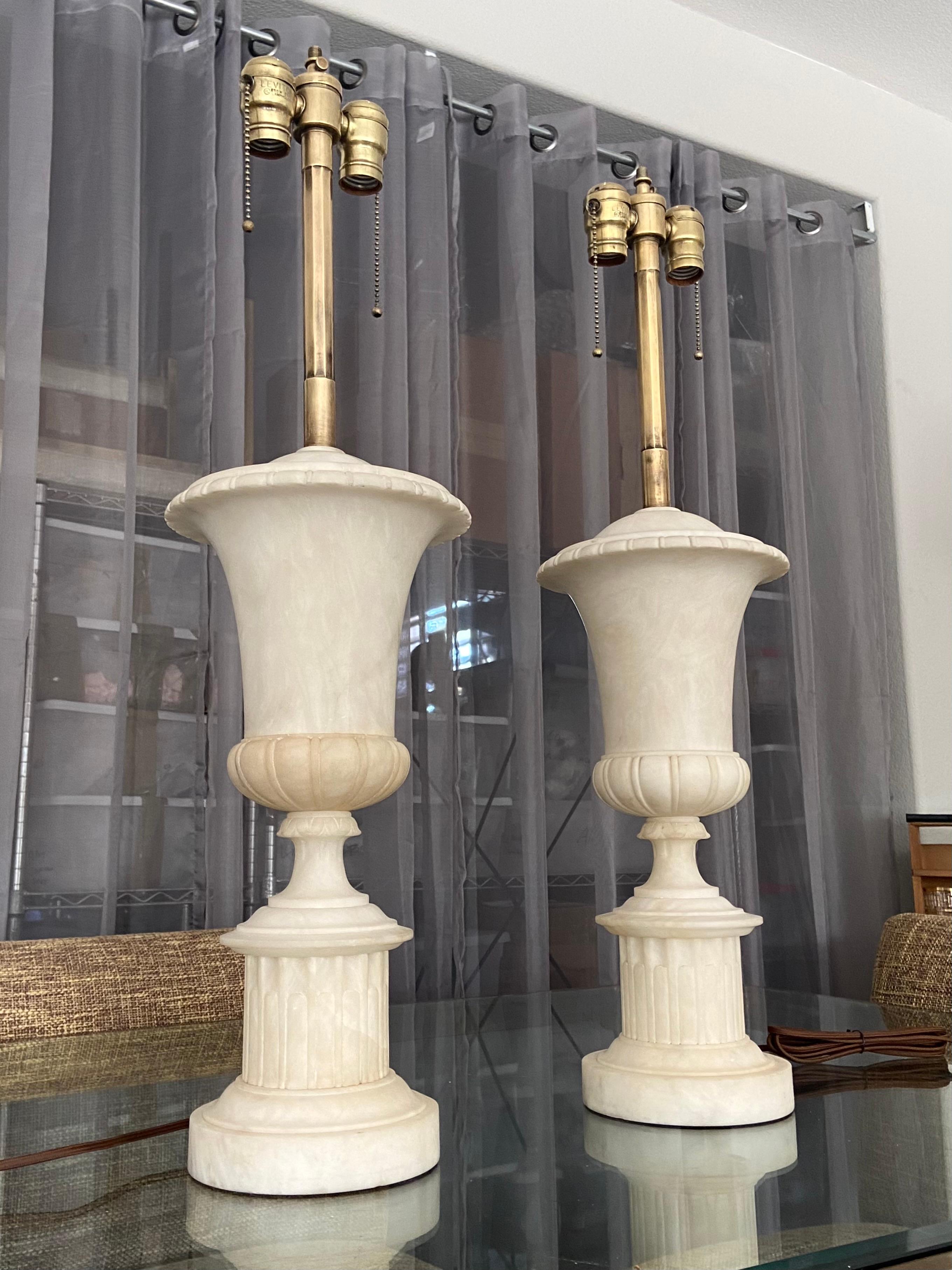 Mid-20th Century Pair Italian Urn Neoclassic Alabaster Table Lamps