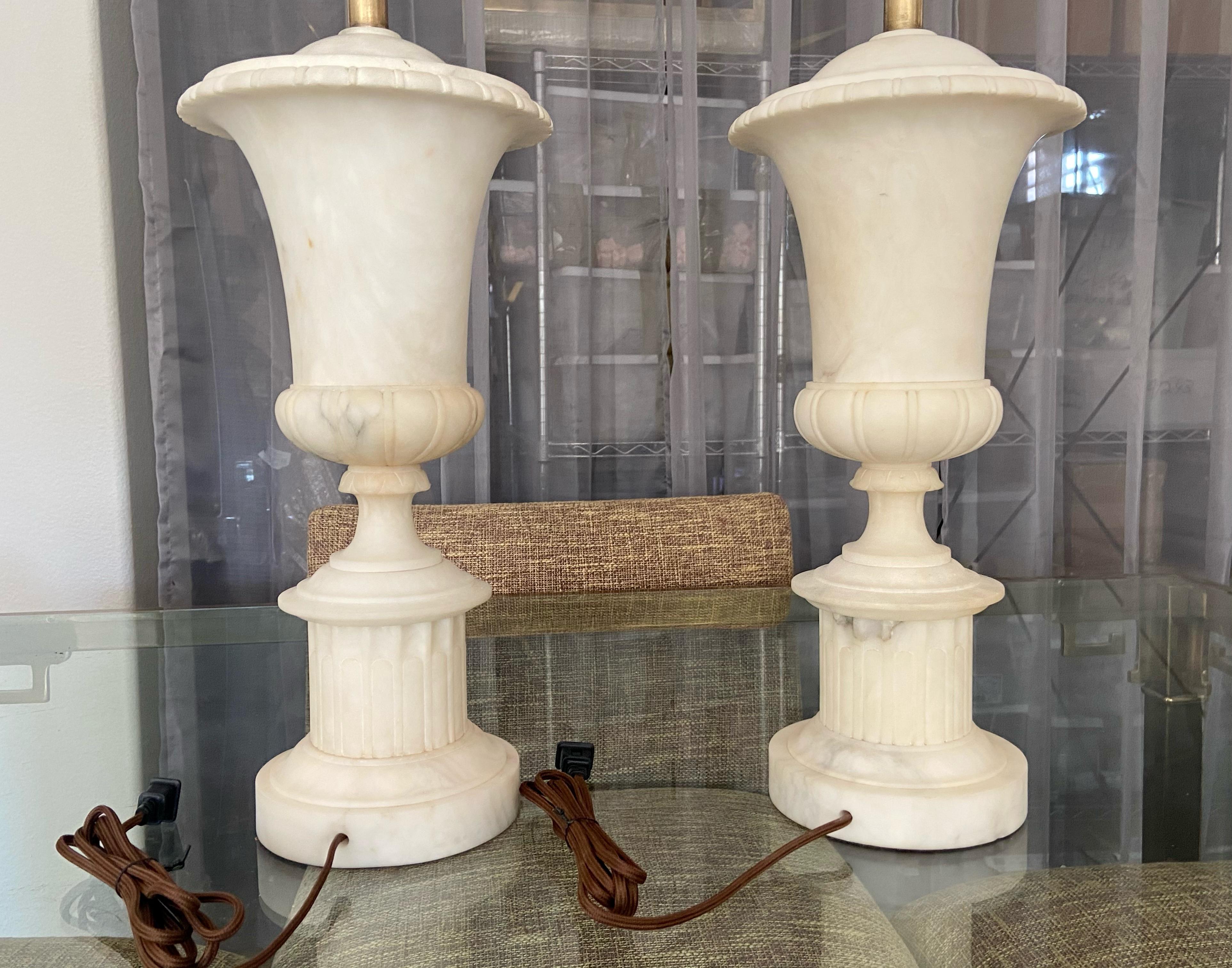 Pair Italian Urn Neoclassic Alabaster Table Lamps 2