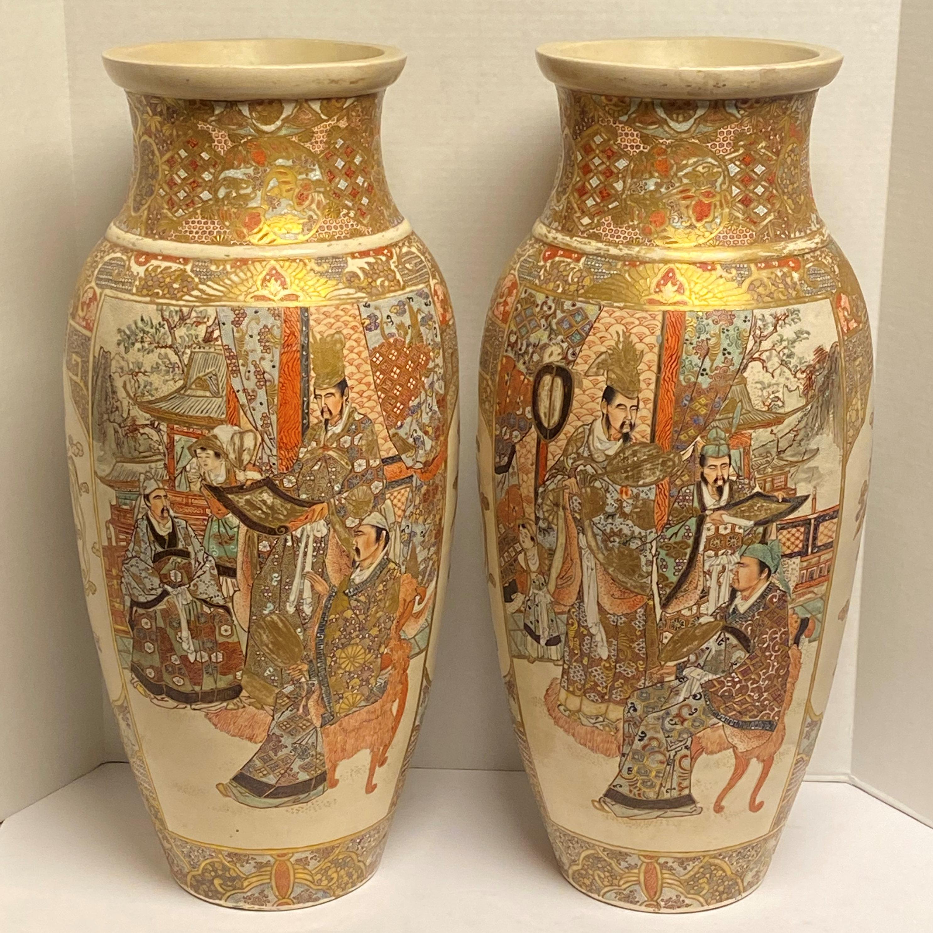 Pair of tall Japanese Satsuma vases.