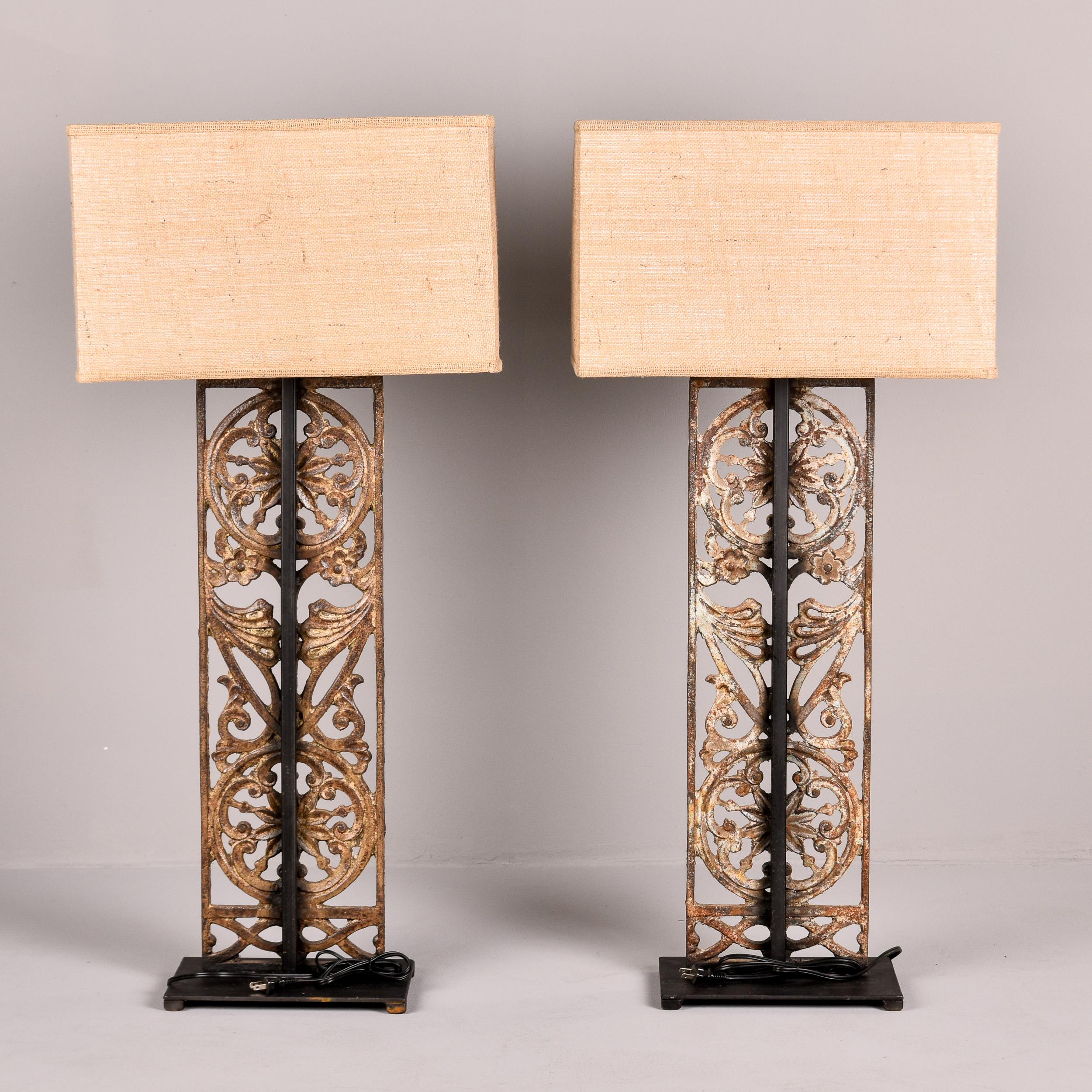Pair Tall Lamps with 19th C Belgian Iron Base and Custom Shades For Sale 5