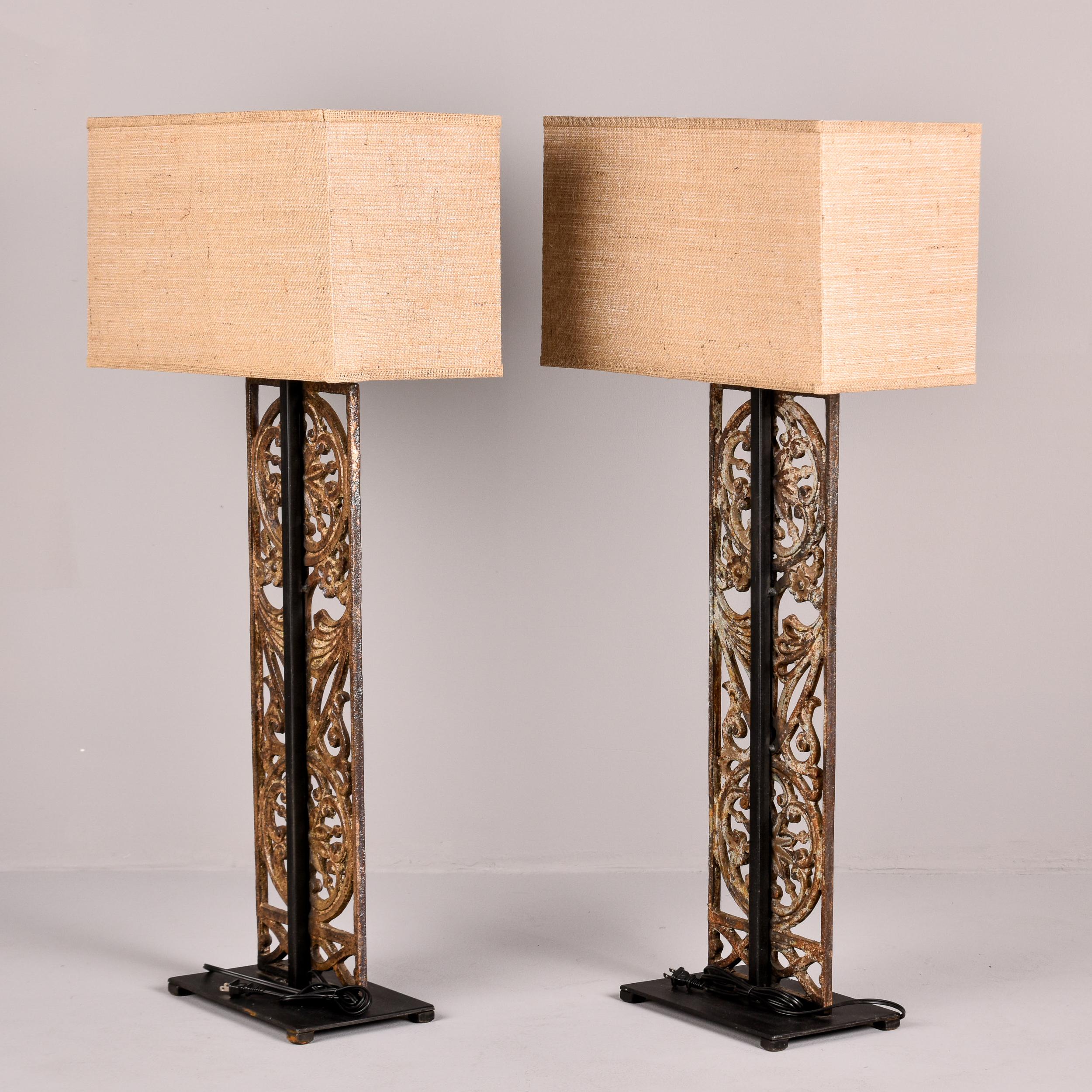 Pair Tall Lamps with 19th C Belgian Iron Base and Custom Shades For Sale 6
