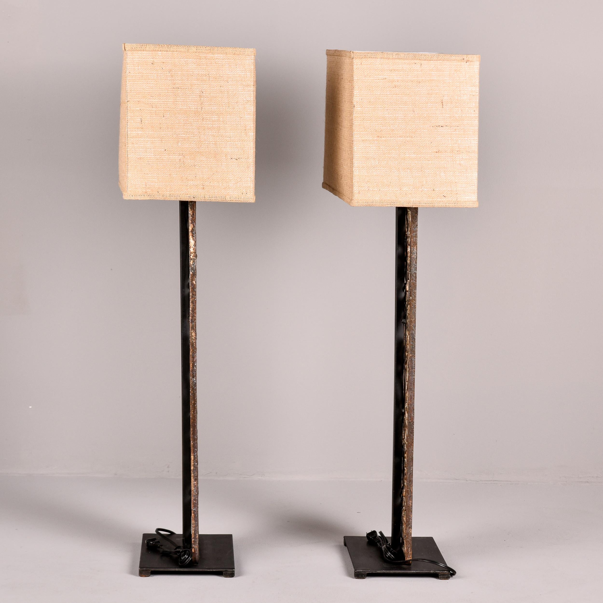 Pair Tall Lamps with 19th C Belgian Iron Base and Custom Shades For Sale 7