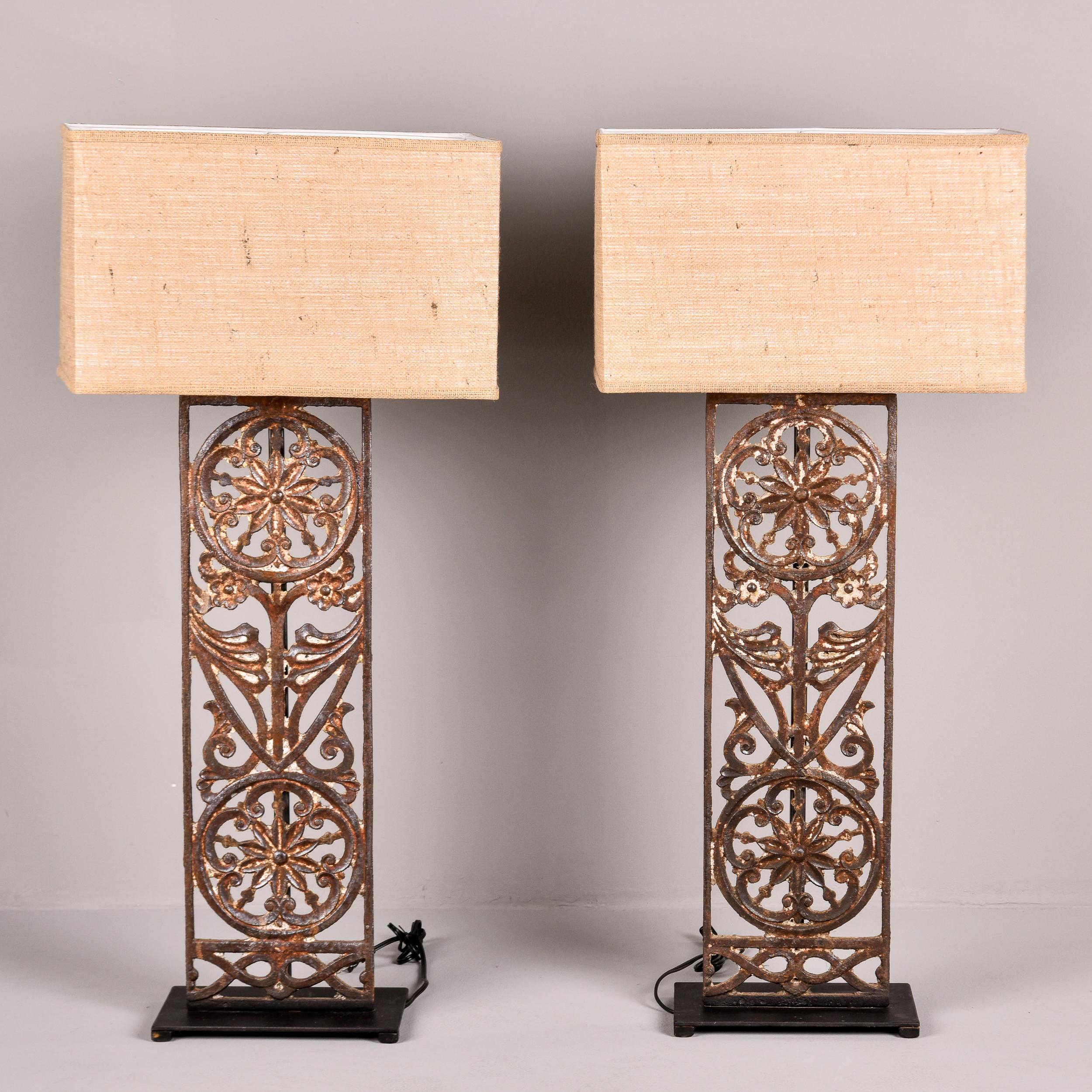 Pair Tall Lamps with 19th C Belgian Iron Base and Custom Shades In Good Condition For Sale In Troy, MI