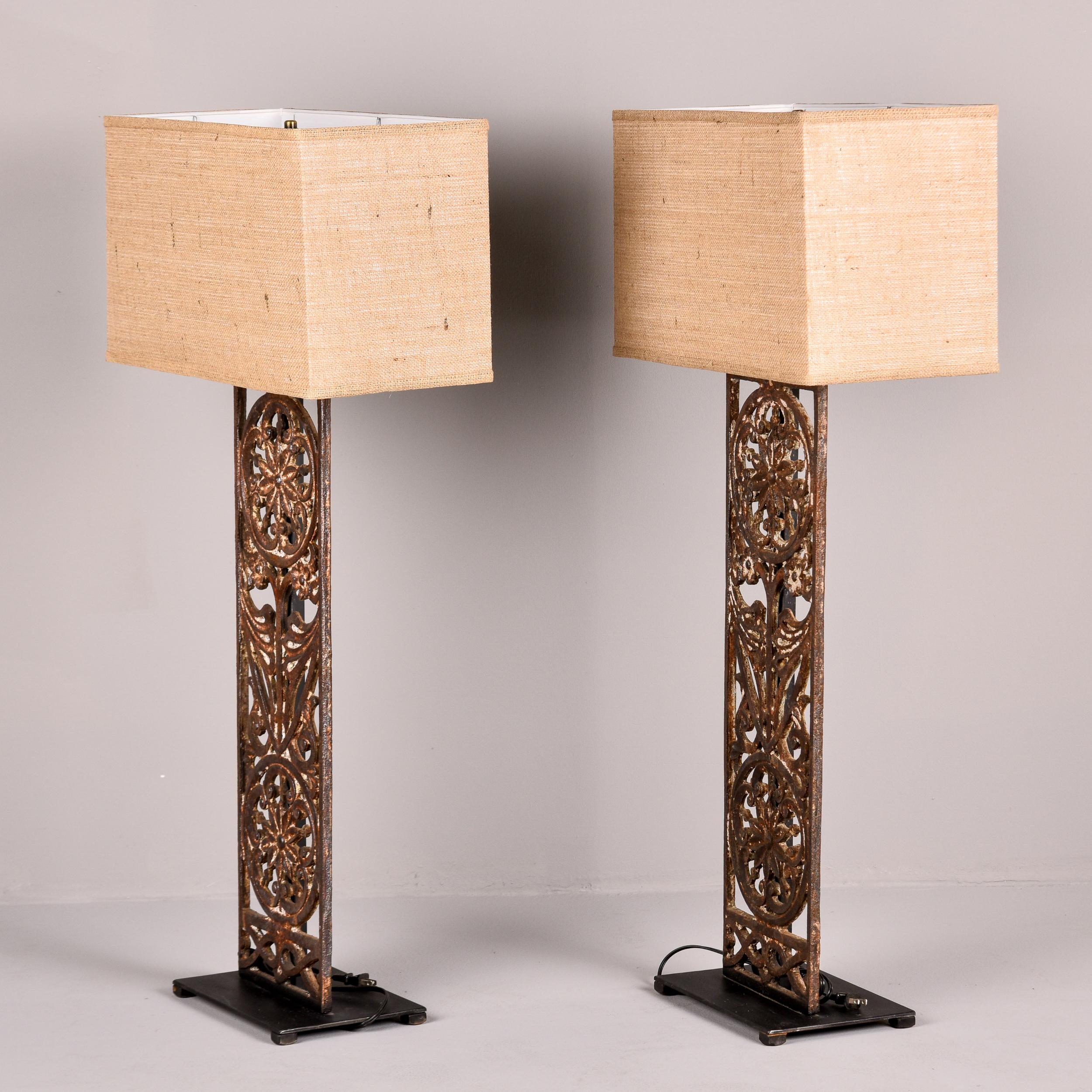 19th Century Pair Tall Lamps with 19th C Belgian Iron Base and Custom Shades For Sale