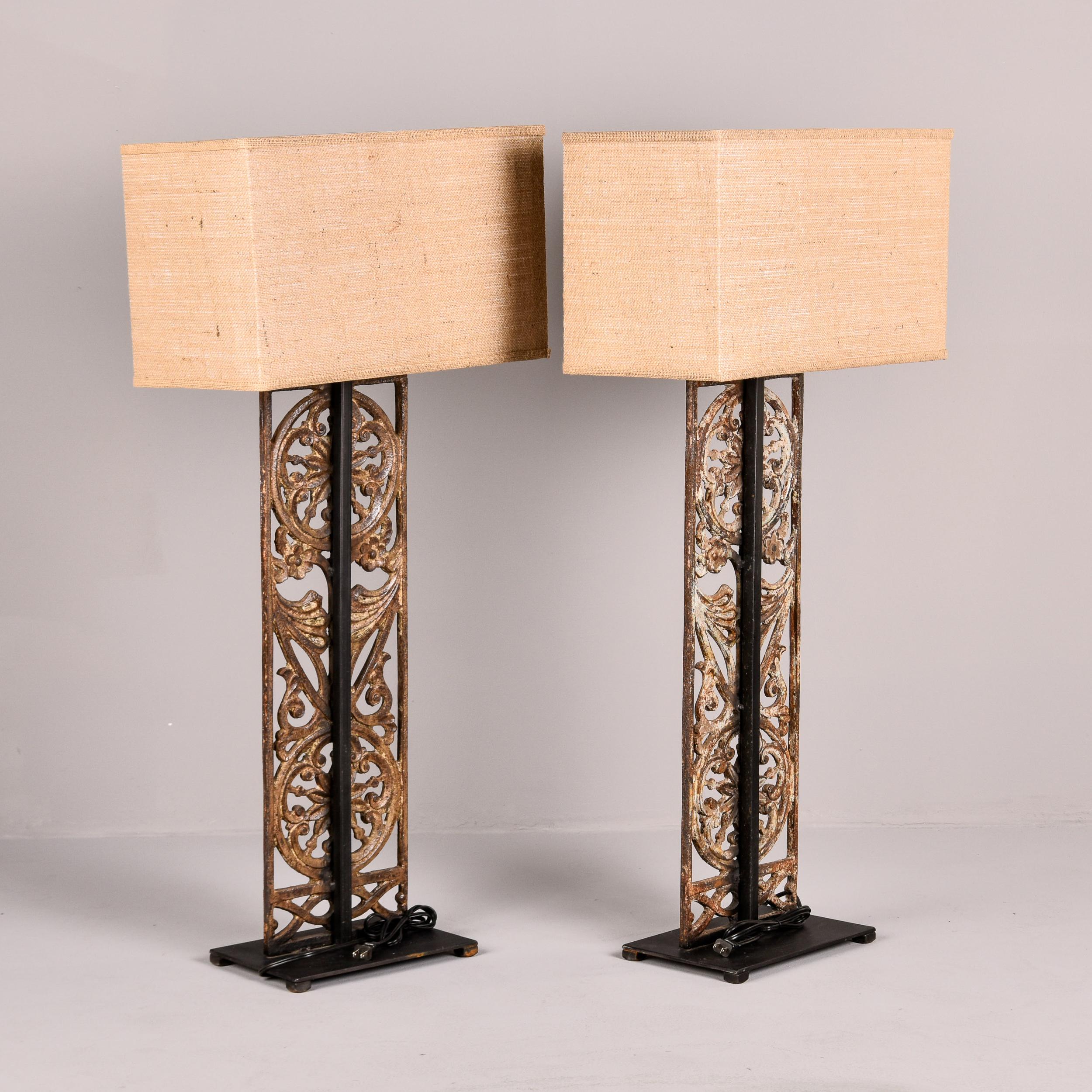 Pair Tall Lamps with 19th C Belgian Iron Base and Custom Shades For Sale 1