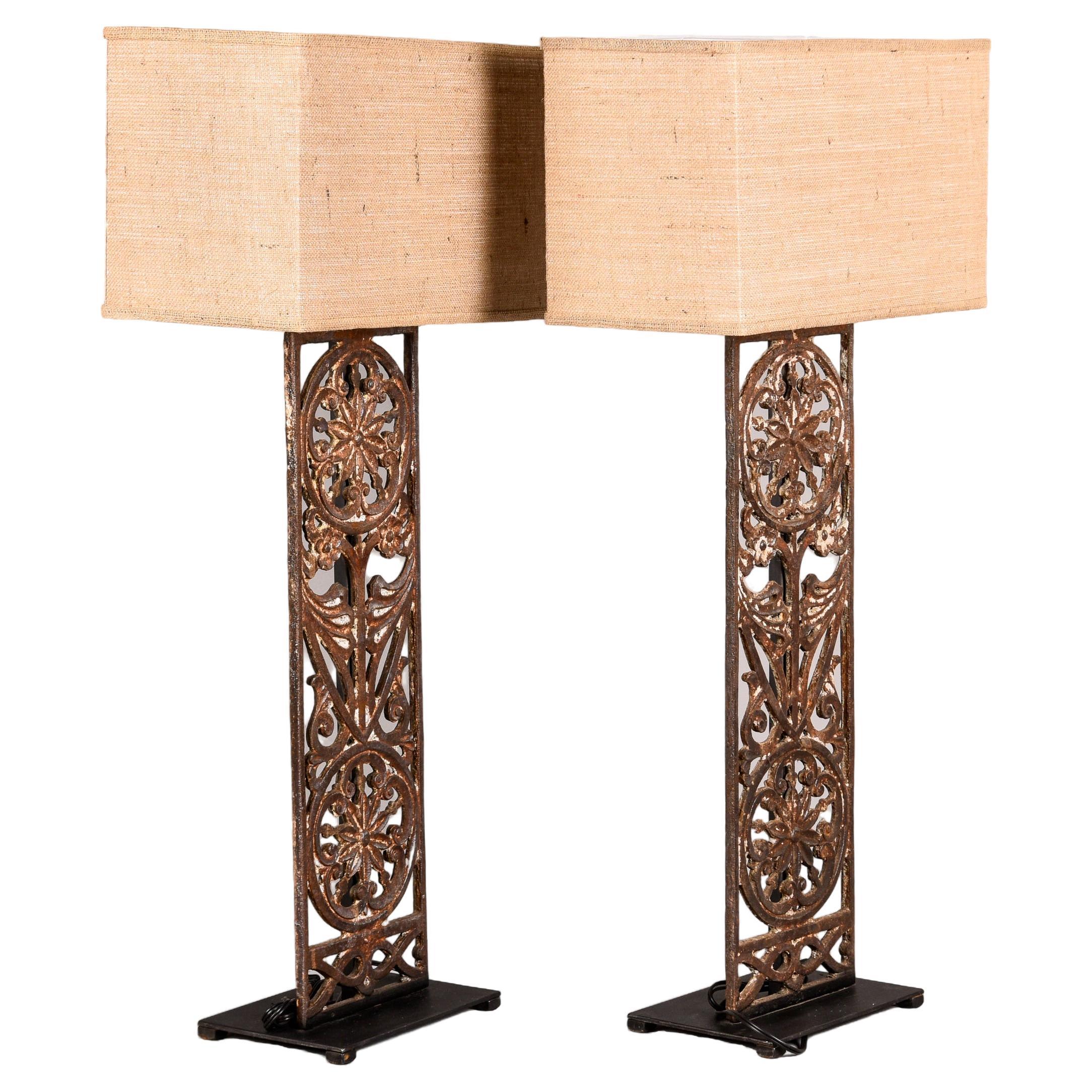 Pair Tall Lamps with 19th C Belgian Iron Base and Custom Shades For Sale