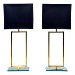 Pair of Tall Modernist Brass and Glass Lamps with Black Shades