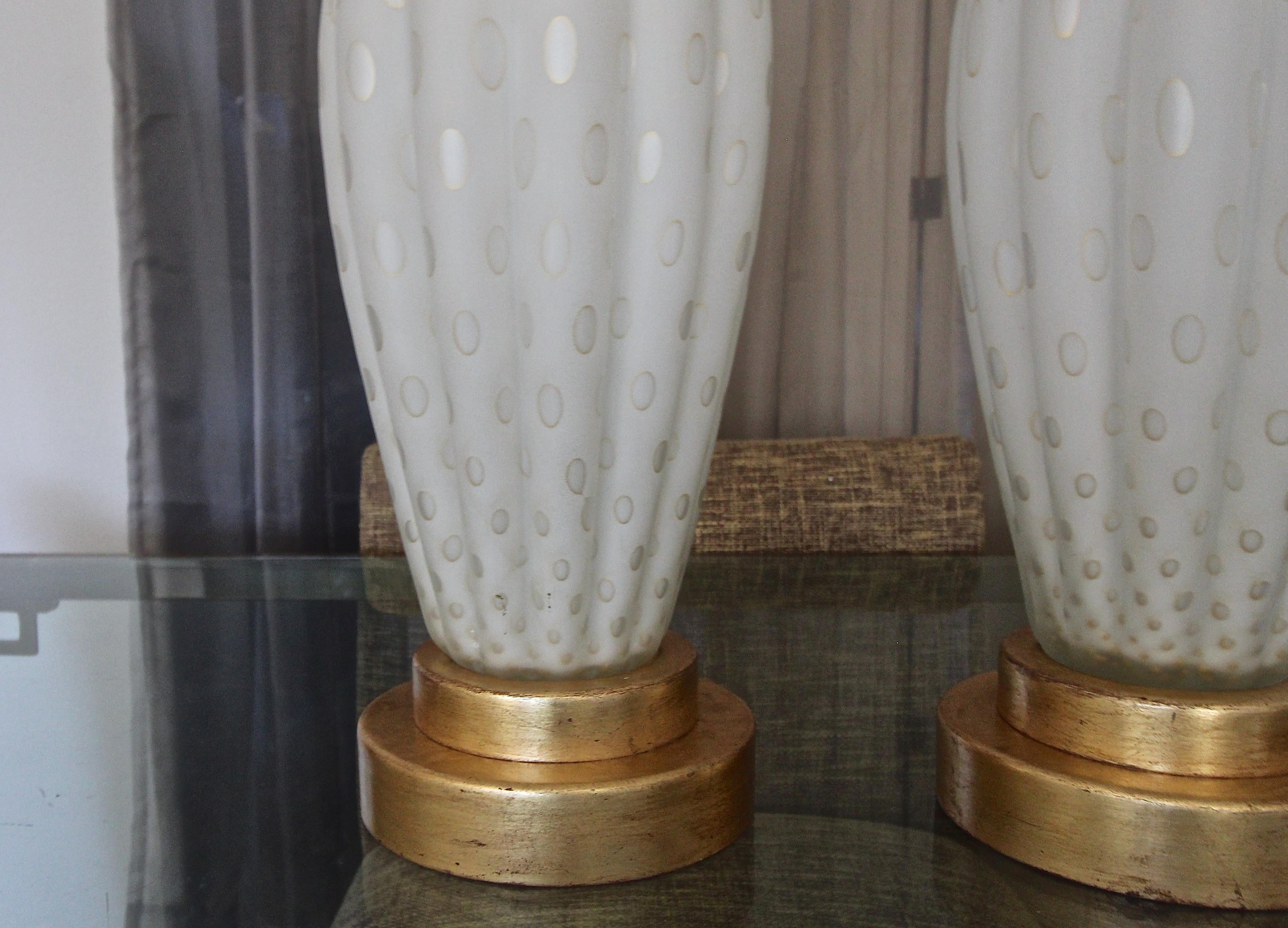 Pair of Tall Murano Satin White & Gold Controlled Bubble Table Lamps 3